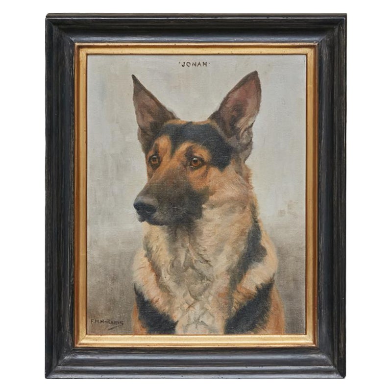 German Shepherd Painting Signed F.M Hollams, circa 1910 in Black and Gold Frame