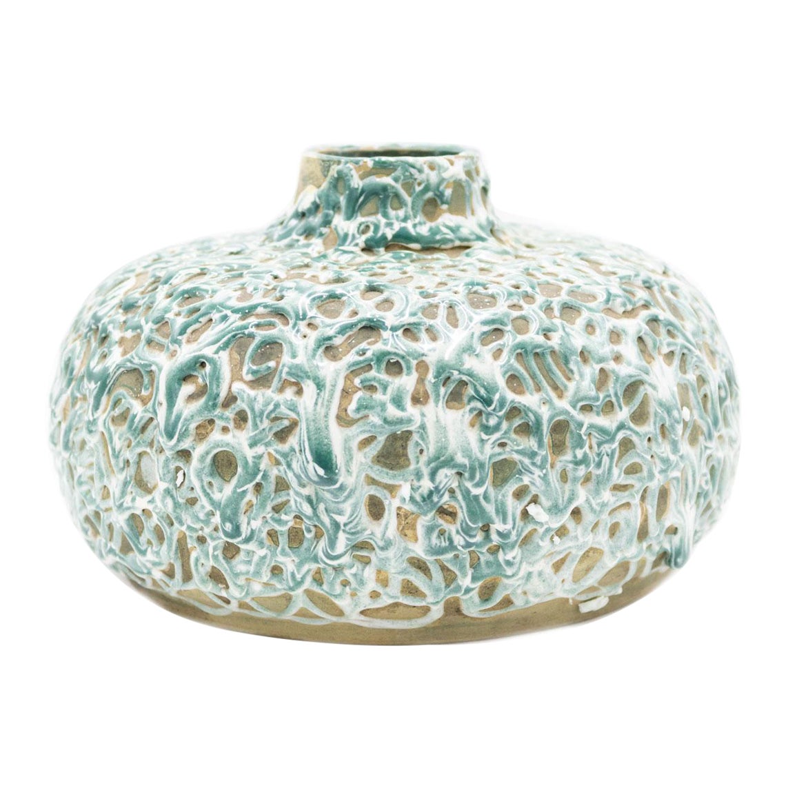 German Short Green and Tan Drizzle Ceramic Vase en vente