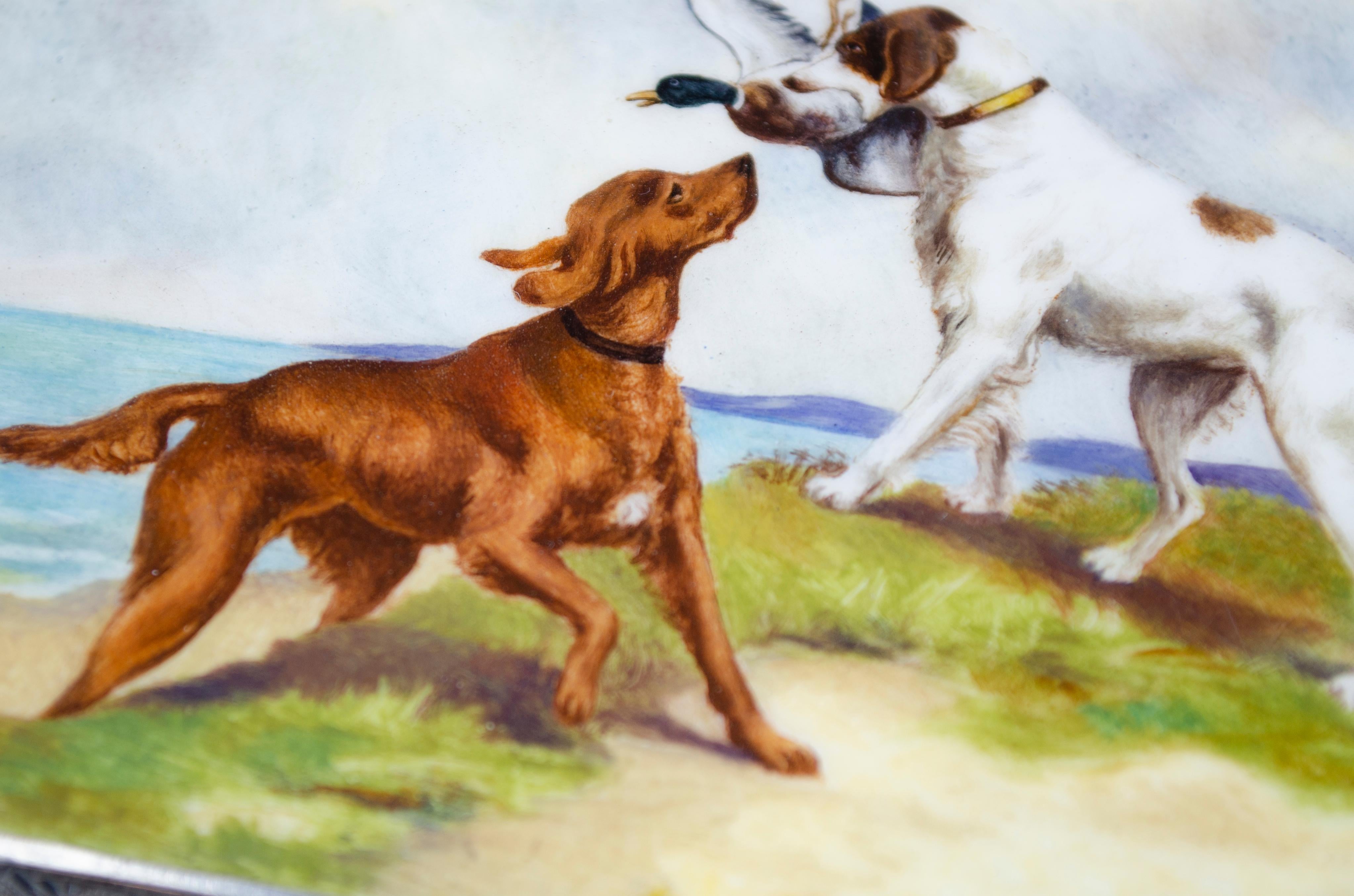 German silver and enamel cigarette case
Origin Germany Circa 1930
Hand-painted scene of two beautiful hunting dogs
its interior is vermeil and its opening button has some sapphires
Excellent condition and without restorations
It has the stamp of the