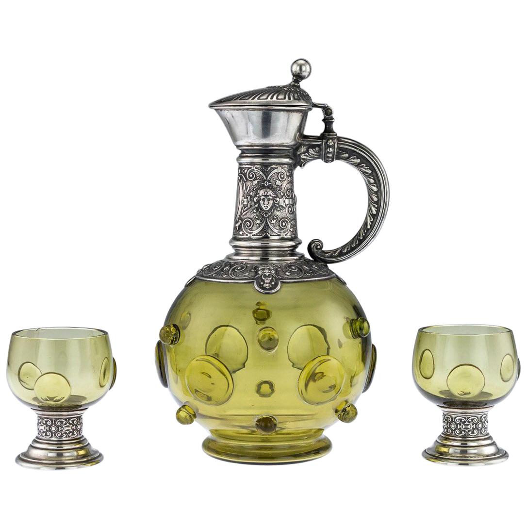 German Silver and Green Glass Claret Jug and Goblets, circa 1890