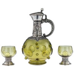 Antique German Silver and Green Glass Claret Jug and Goblets, circa 1890