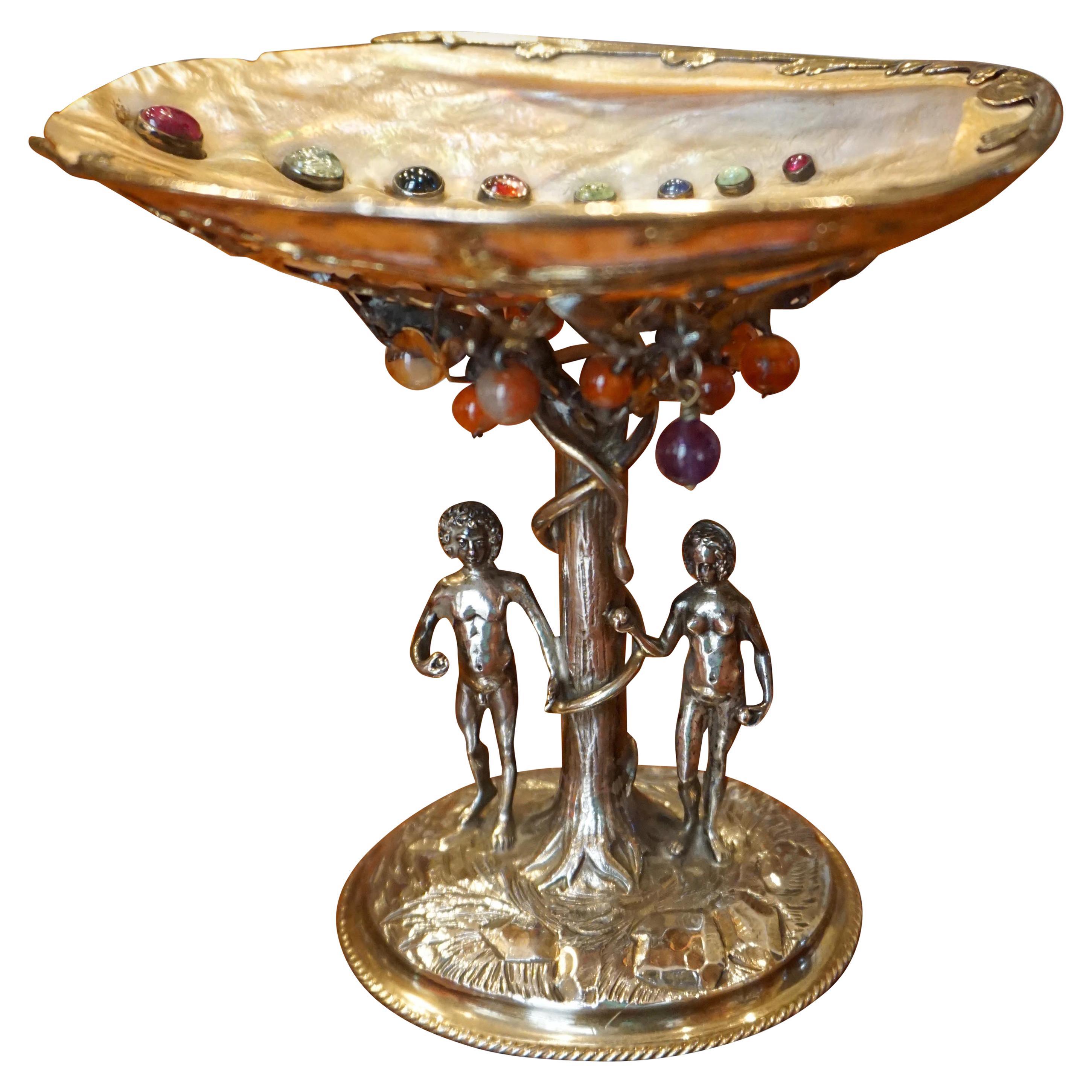 German Silver and Semi-Precious Stone Baroque Style Adam and Eve Theme Tazza