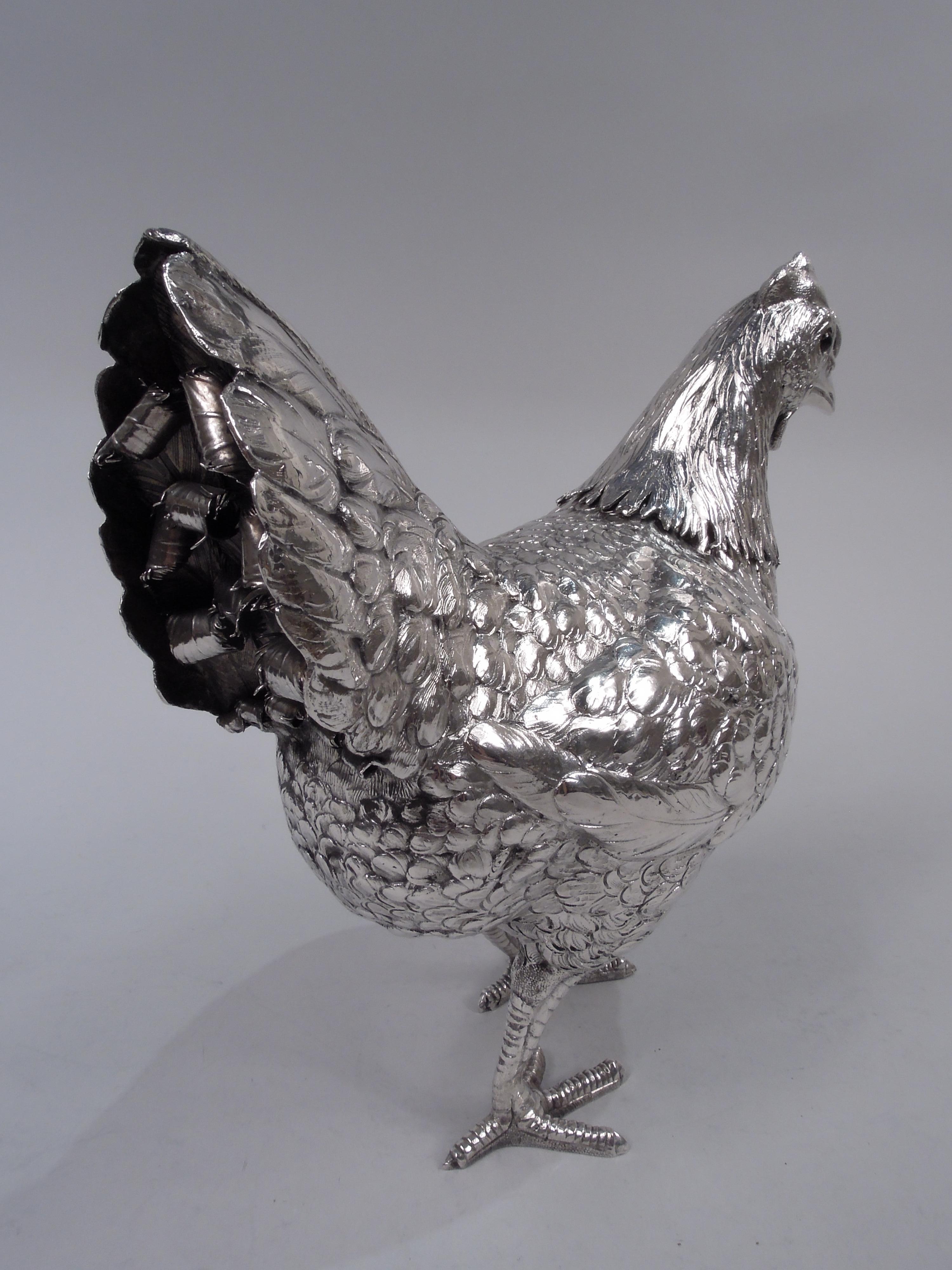 Edwardian German Silver Barnyard Hen Spice Box with Funny, Flouncy Tail For Sale