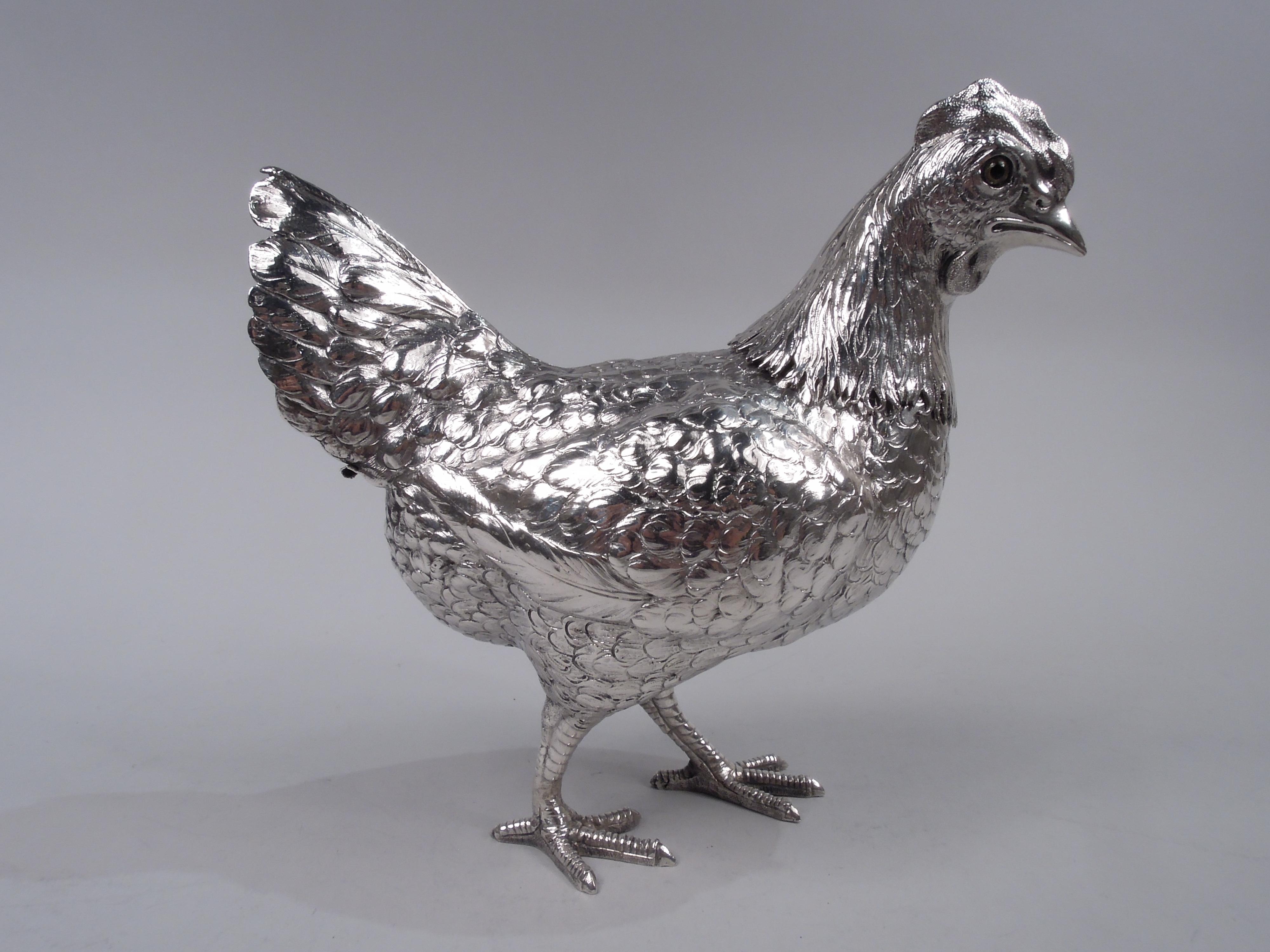 German Silver Barnyard Hen Spice Box with Funny, Flouncy Tail In Good Condition For Sale In New York, NY