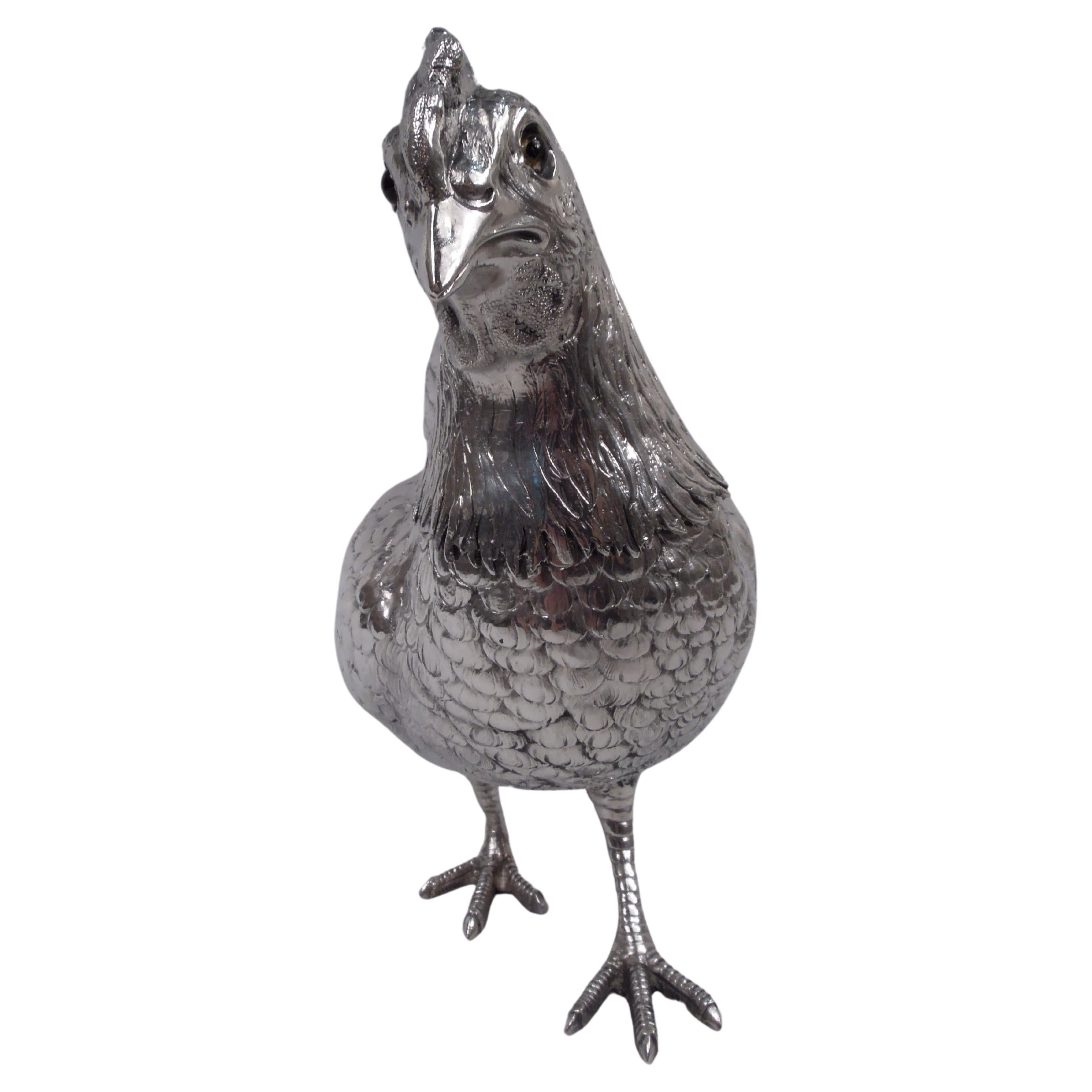 German Silver Barnyard Hen Spice Box with Funny, Flouncy Tail For Sale