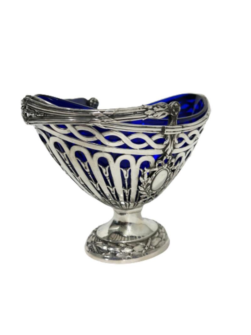 German Silver Basket with Blue Glass by Storck & Sinsheimer In Good Condition For Sale In Delft, NL
