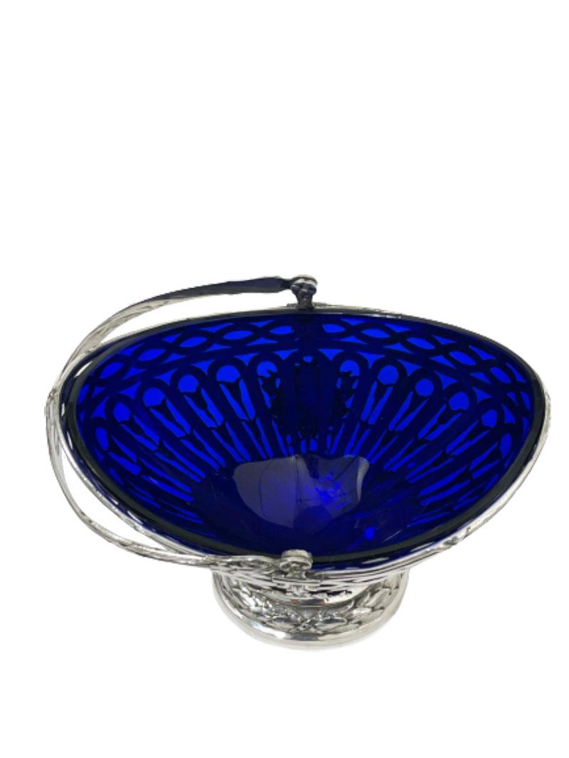20th Century German Silver Basket with Blue Glass by Storck & Sinsheimer For Sale
