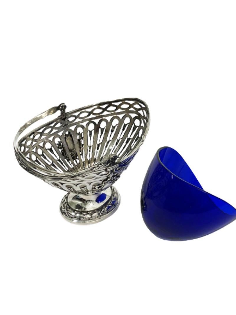 German Silver Basket with Blue Glass by Storck & Sinsheimer For Sale 1