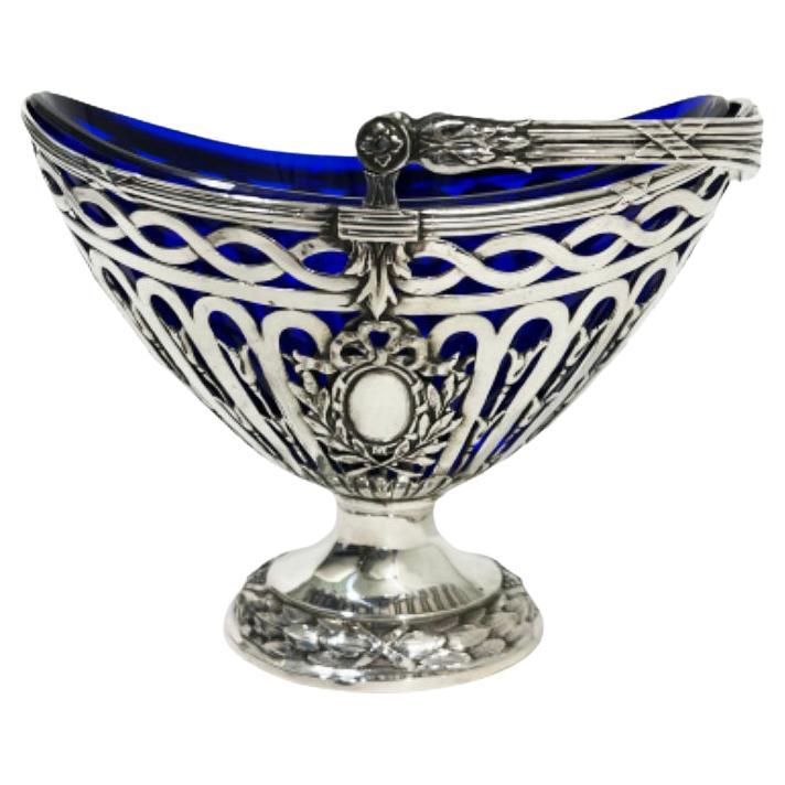 German Silver Basket with Blue Glass by Storck & Sinsheimer For Sale