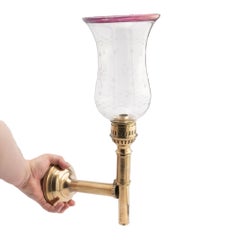 German Silver Convertible Hurricane Lamp with Glass Shade, 1830-50