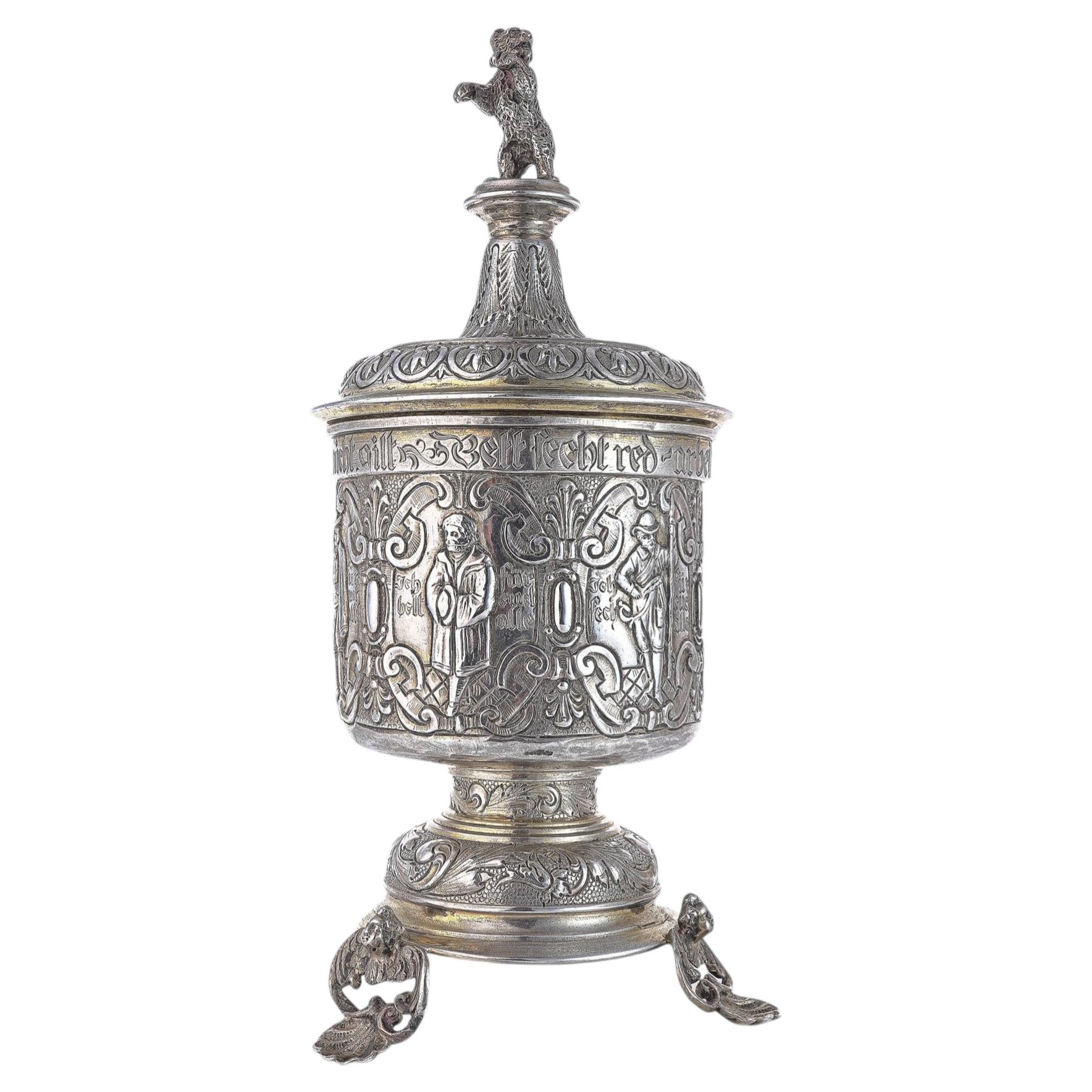 German Silver Figural Covered Cup with Bear Finial, 19th century For Sale