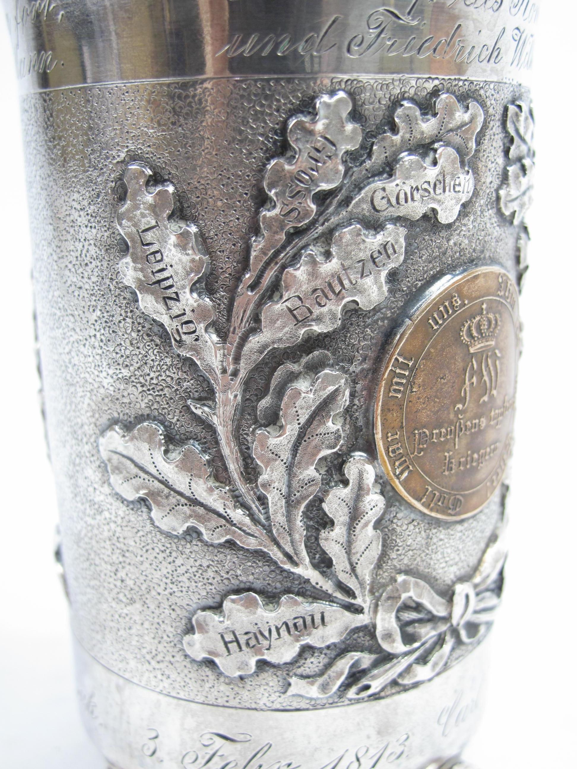 German Silver Footed Beaker Cup Napoleonic War Prussian Veteran W/ Medal Insets For Sale 5