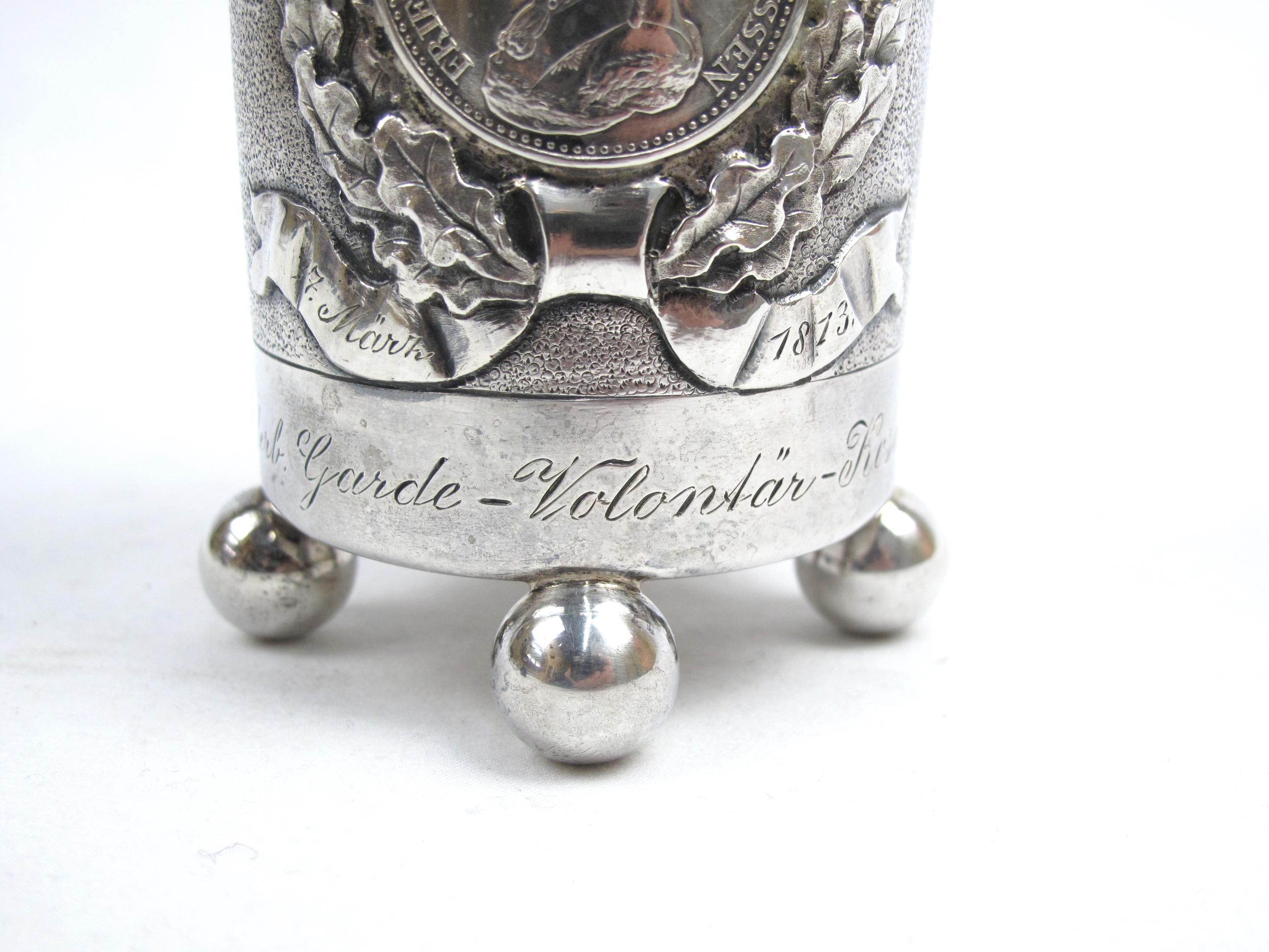 19th Century German Silver Footed Beaker Cup Napoleonic War Prussian Veteran W/ Medal Insets For Sale