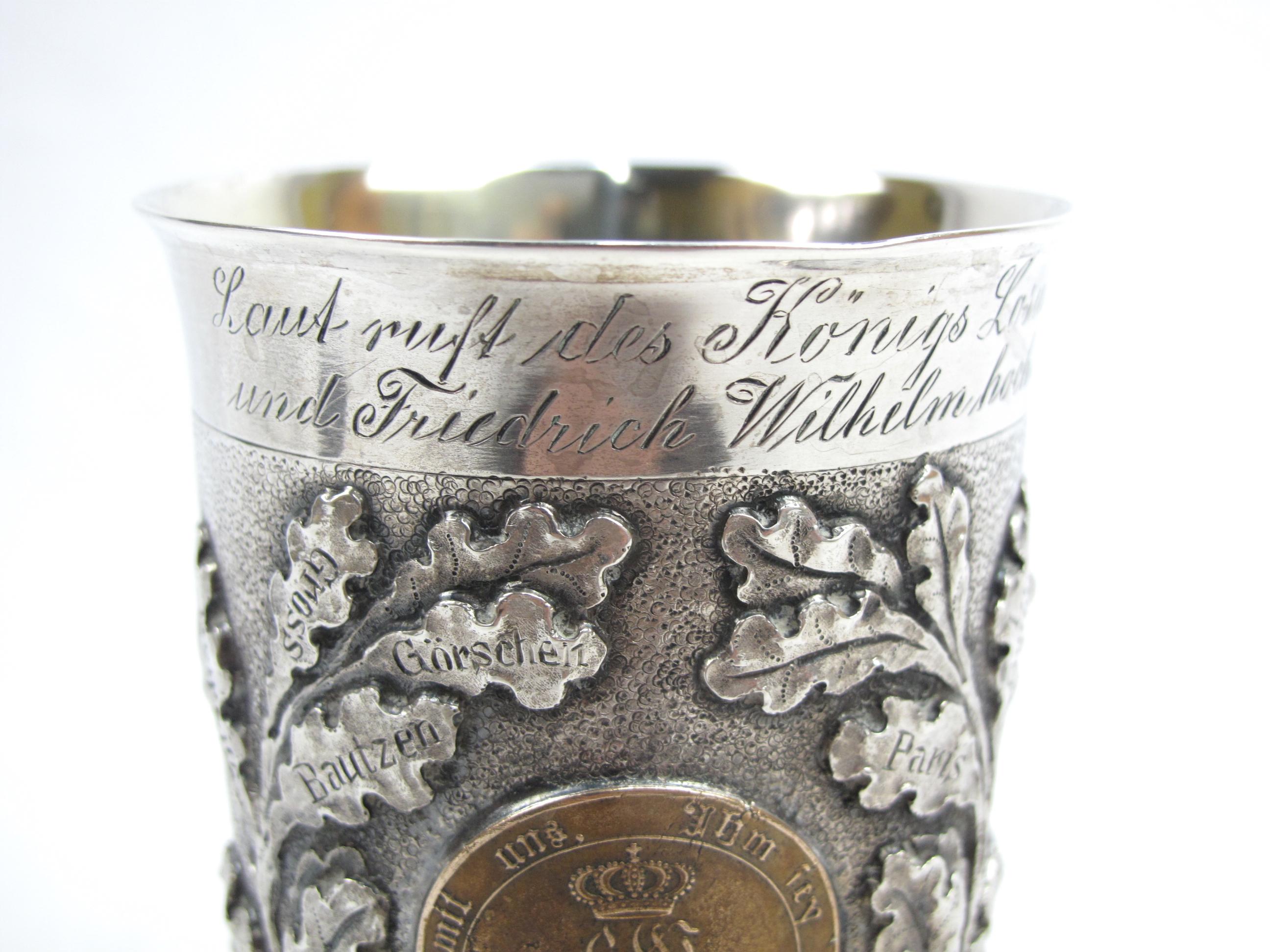German Silver Footed Beaker Cup Napoleonic War Prussian Veteran W/ Medal Insets For Sale 1