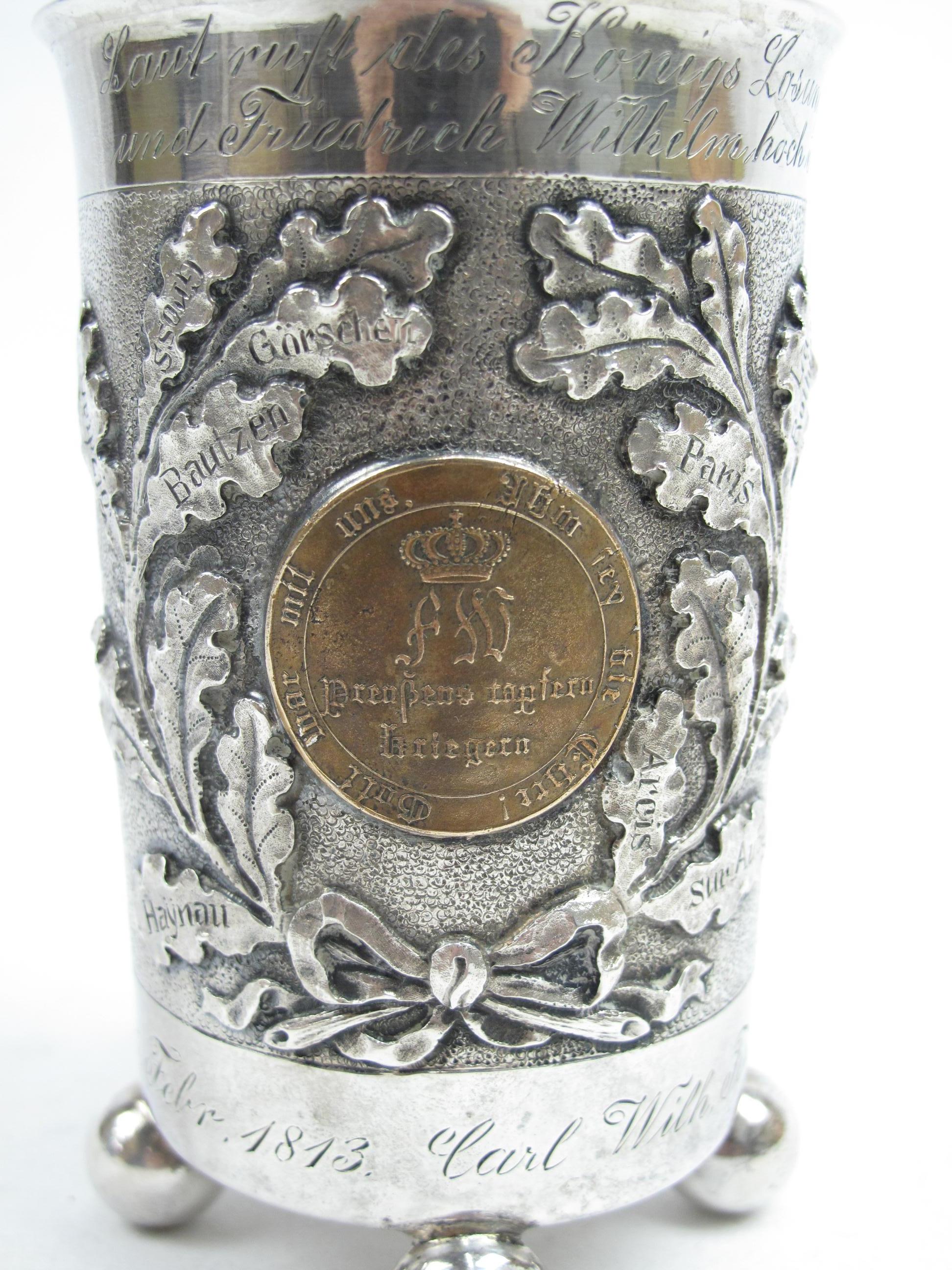 German Silver Footed Beaker Cup Napoleonic War Prussian Veteran W/ Medal Insets For Sale 2