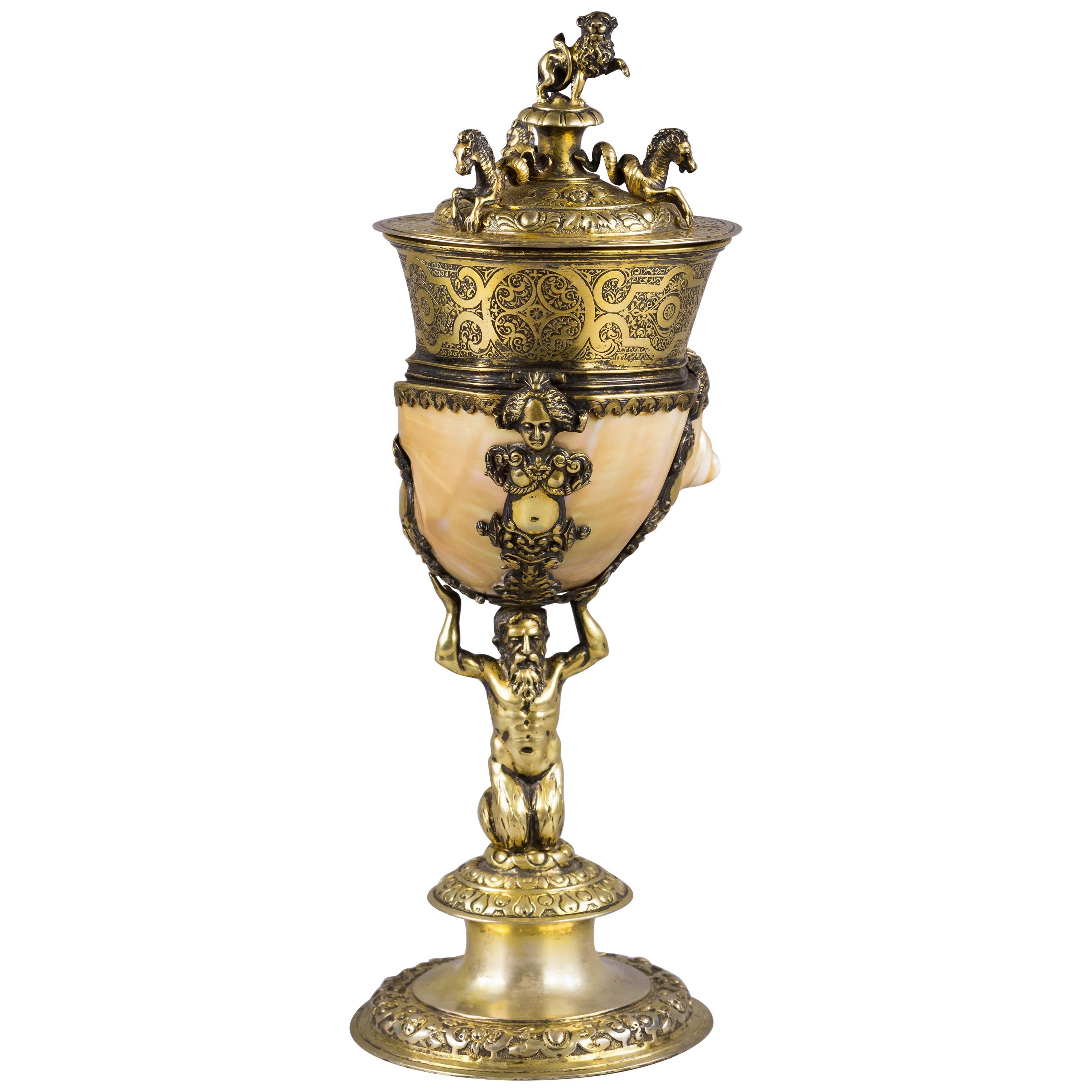 German Silver Gilt and Shell Covered Nautilus Cup, circa 1880 For Sale