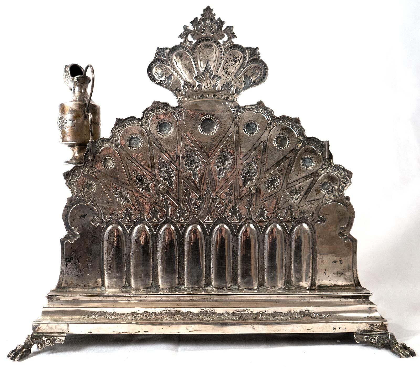 German Silver Hanukkah Lamp Menorah with Gold Washed Lions In Good Condition In Salt Lake City, UT