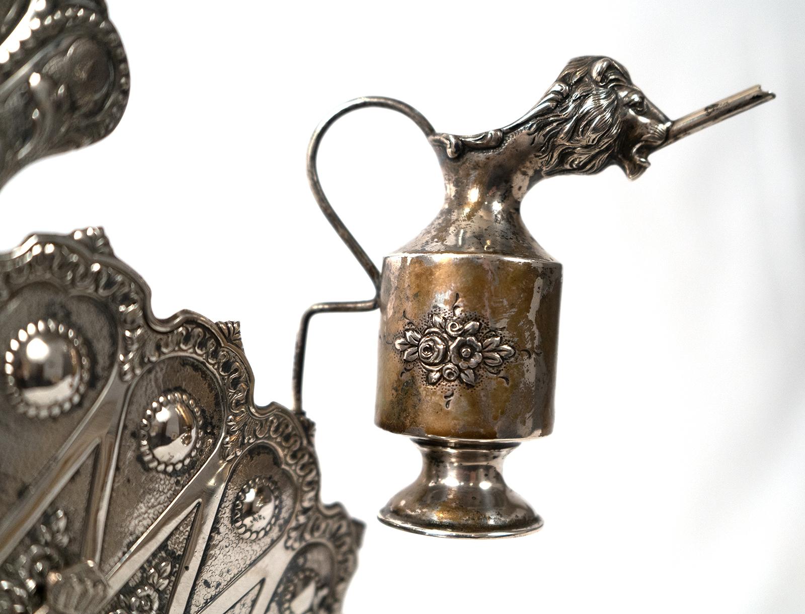 19th Century German Silver Hanukkah Lamp Menorah with Gold Washed Lions