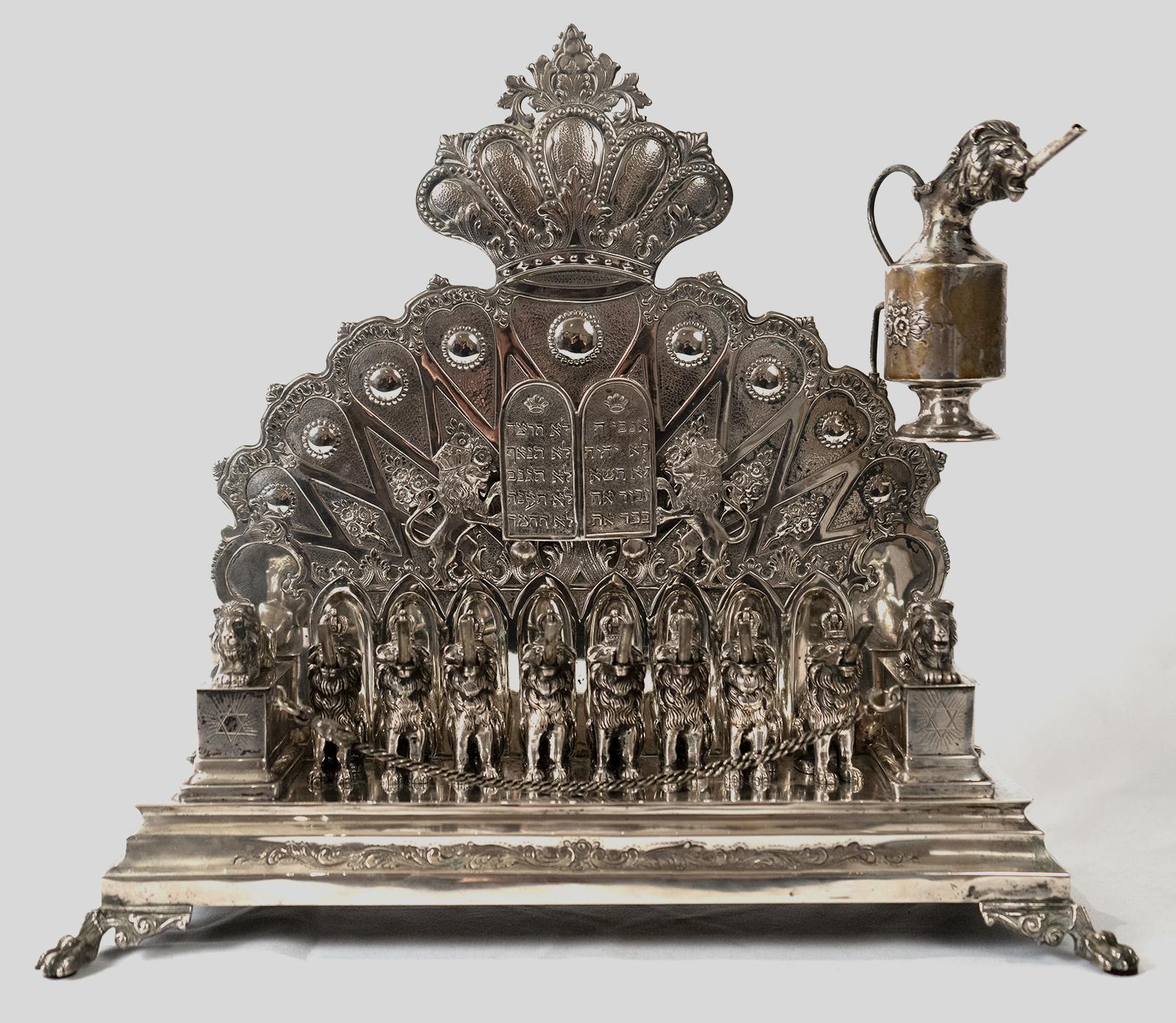 German Silver Hanukkah Lamp Menorah with Gold Washed Lions 2