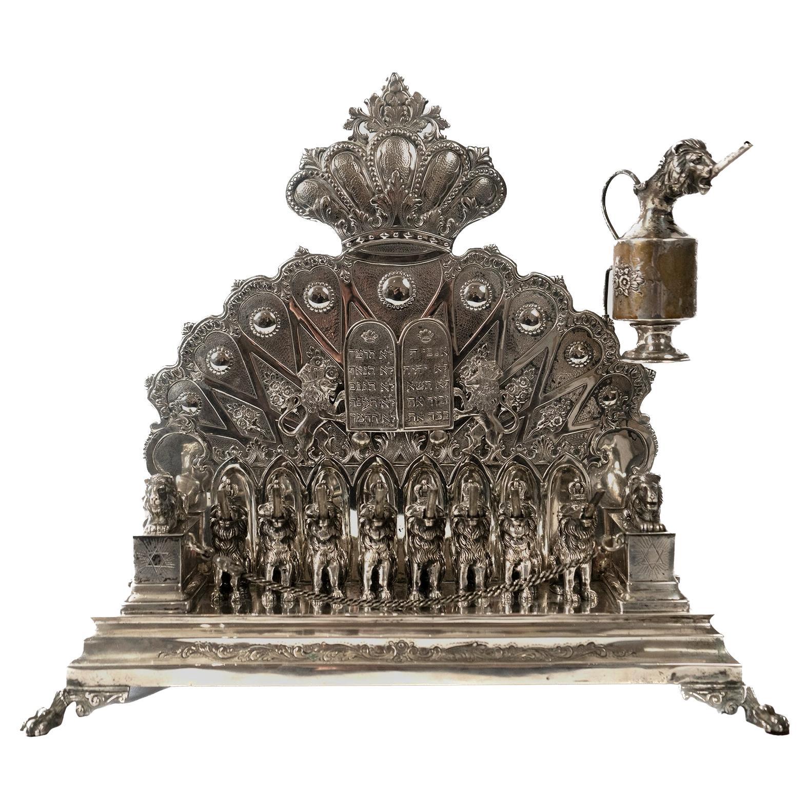 German Silver Hanukkah Lamp Menorah with Gold Washed Lions