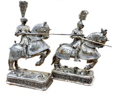 German Silver Jousting Knights on Horseback Sculptures A Pair