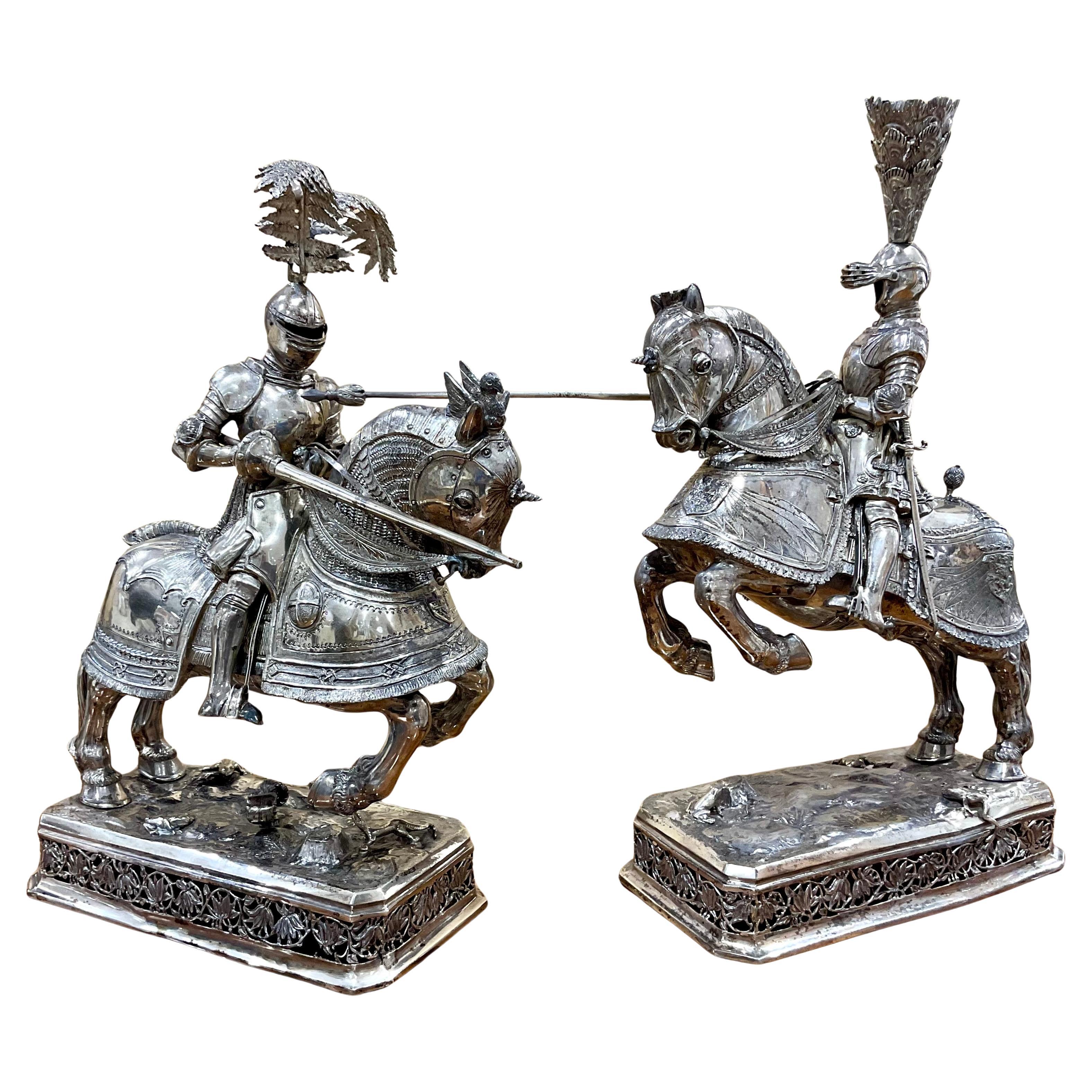 German Silver Jousting Knights on Horseback Sculptures A Pair