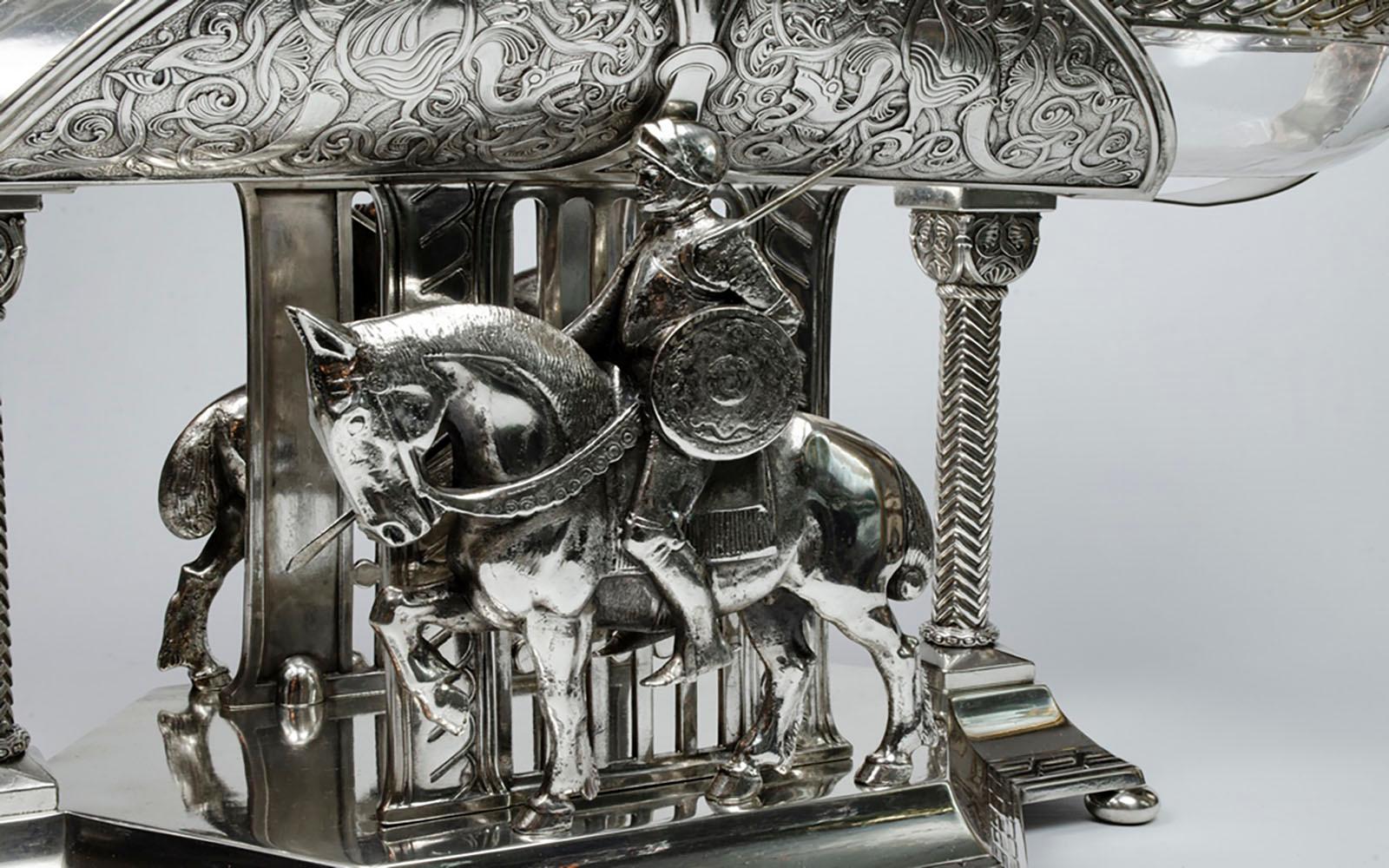 Metalwork German silver metal centerpiece, art nouveau Gothic style For Sale