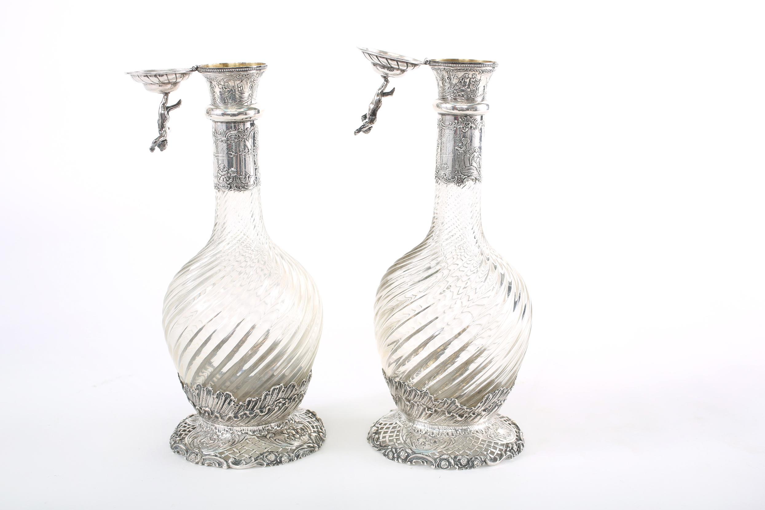 German Silver Mounted / Cut Glass Pair Claret Jugs For Sale 5
