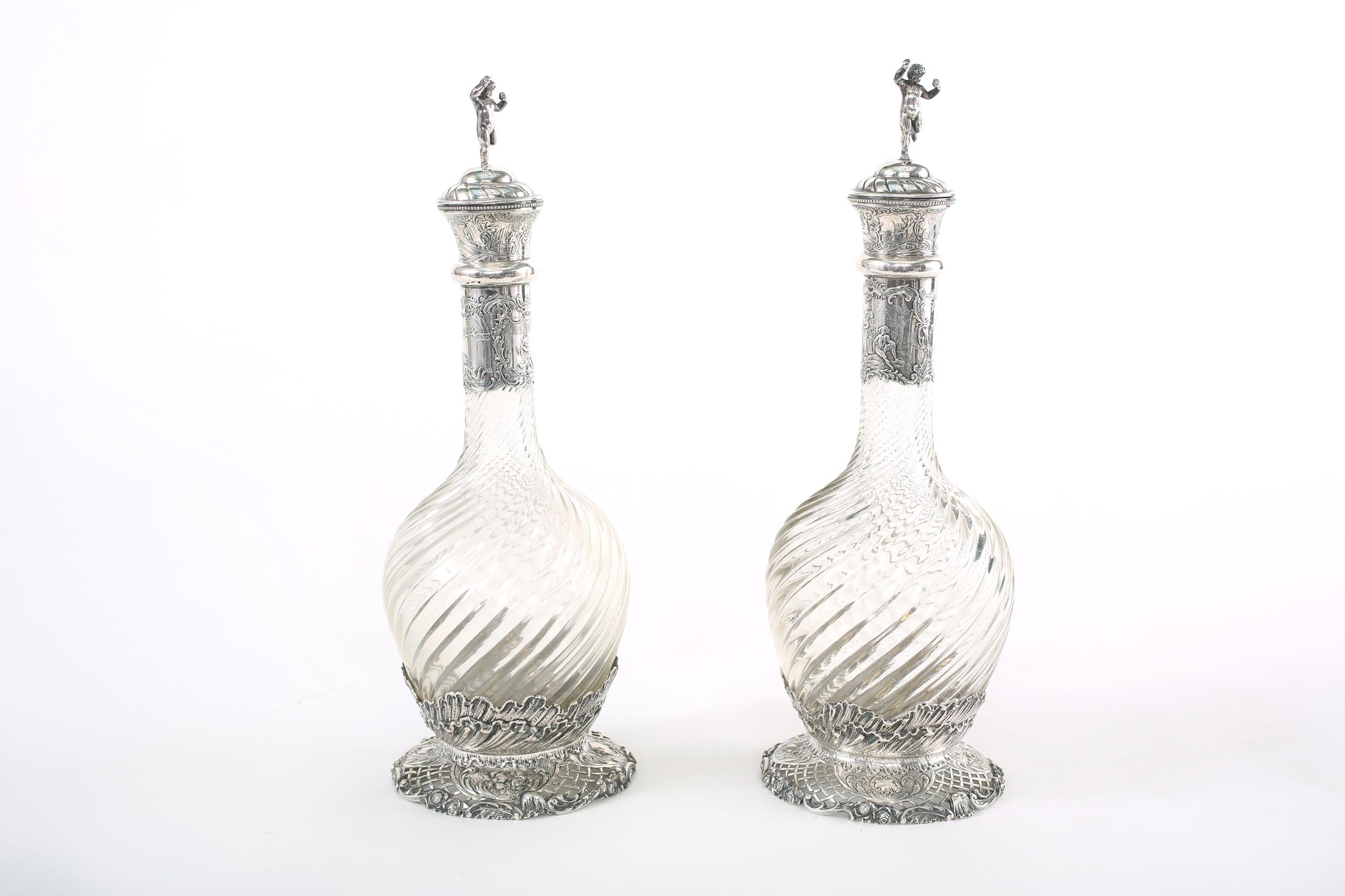 German Silver Mounted / Cut Glass Pair Claret Jugs For Sale 6