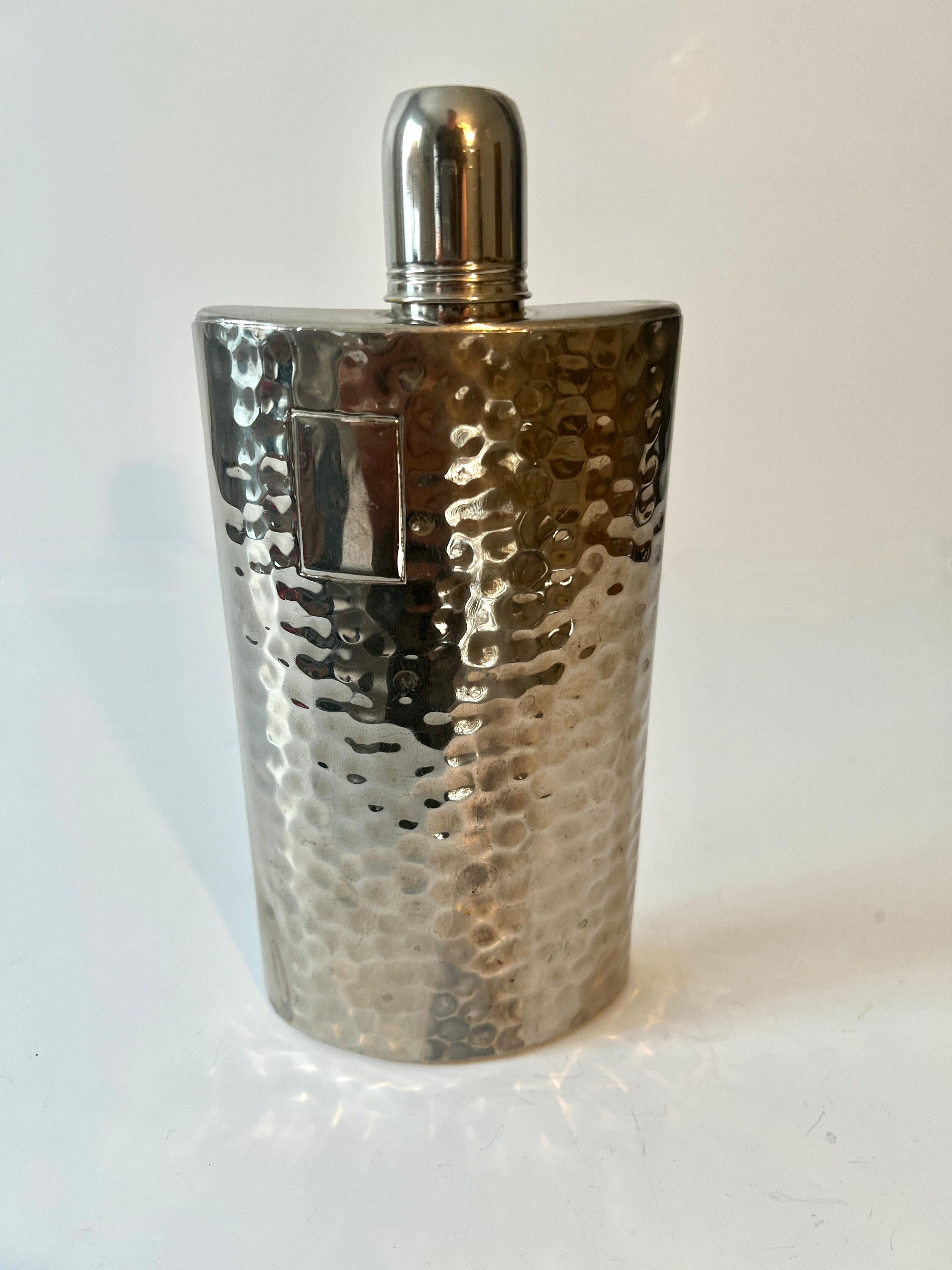German Silver Plated Hammered Flask with Screw Lid and Cup In Good Condition For Sale In Los Angeles, CA