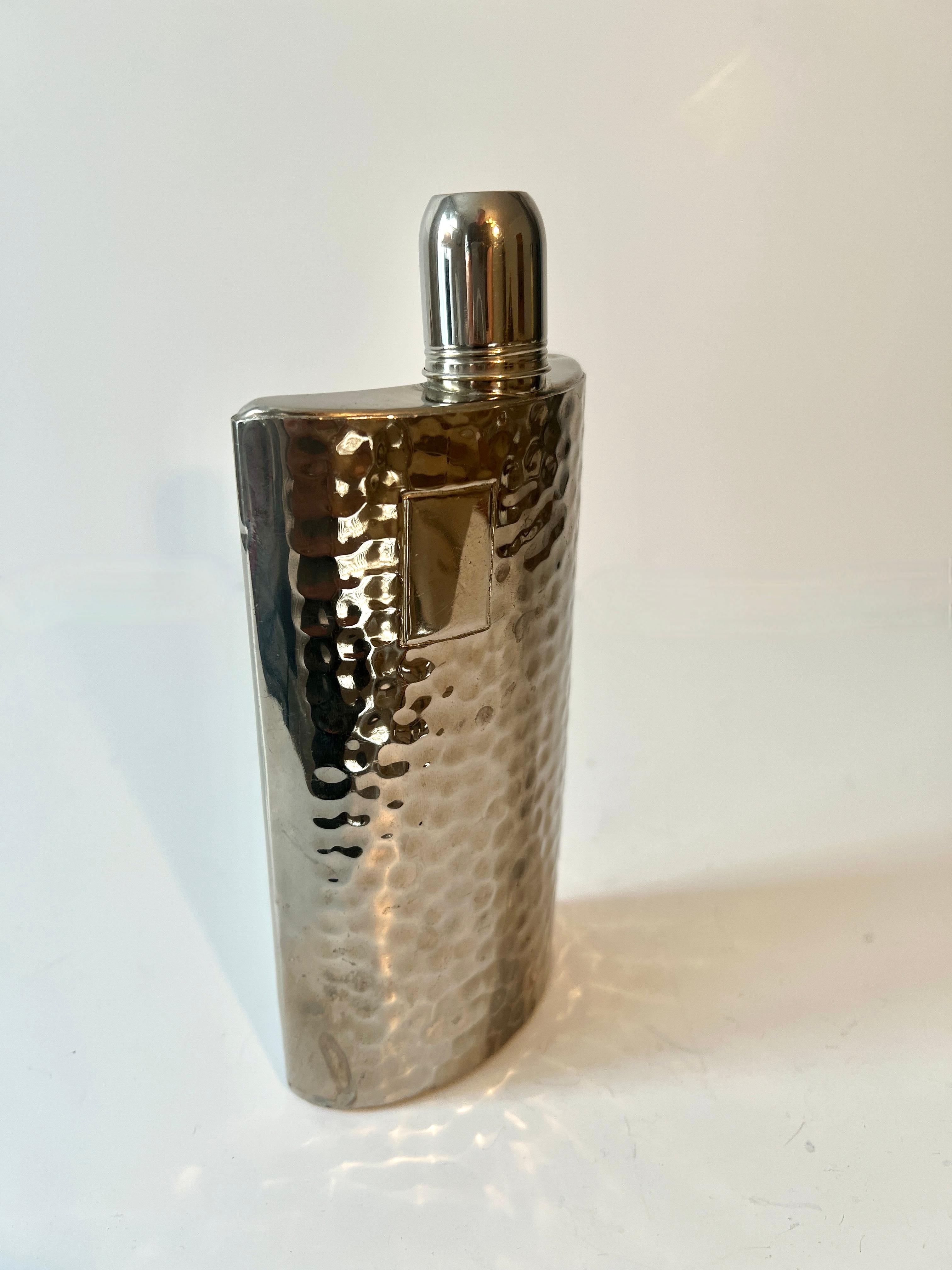 20th Century German Silver Plated Hammered Flask with Screw Lid and Cup For Sale