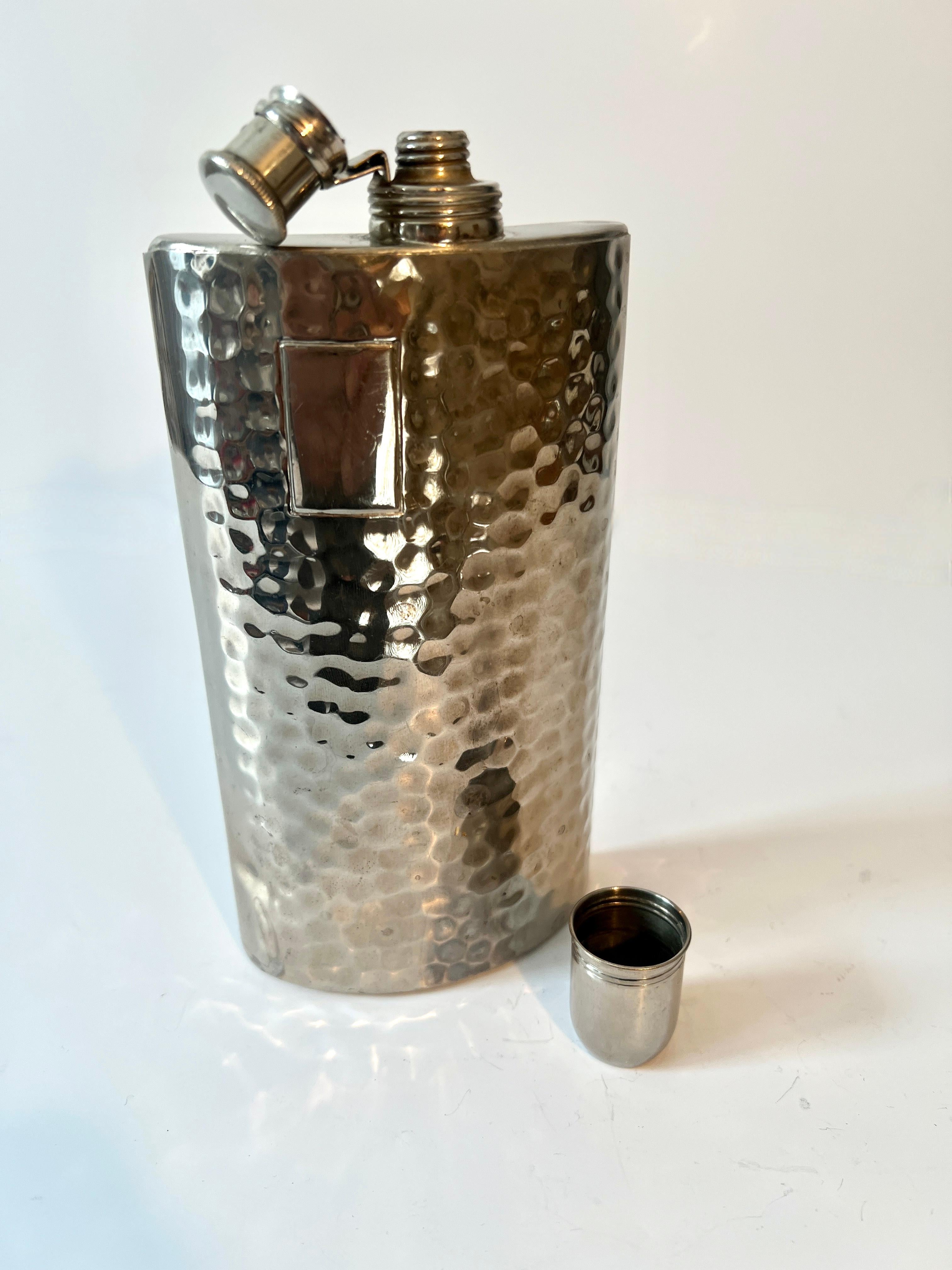 German Silver Plated Hammered Flask with Screw Lid and Cup For Sale 3