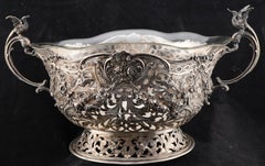 German Silver Repousse and Open Work Centerpiece Basket with Glass insert 1890's