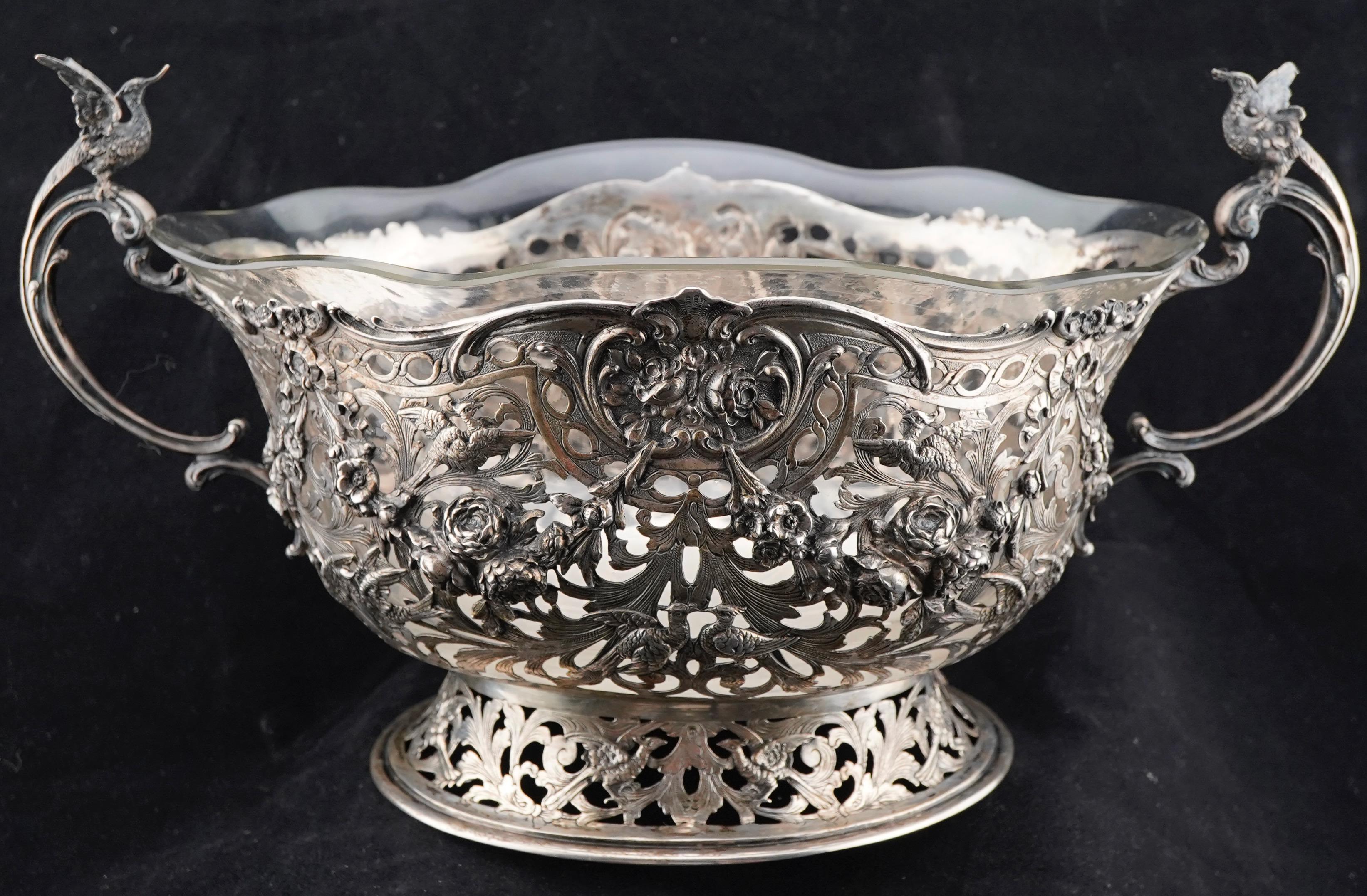 Baroque Revival German Silver Repousse and Open Work Centerpiece Basket with Glass insert 1890's For Sale