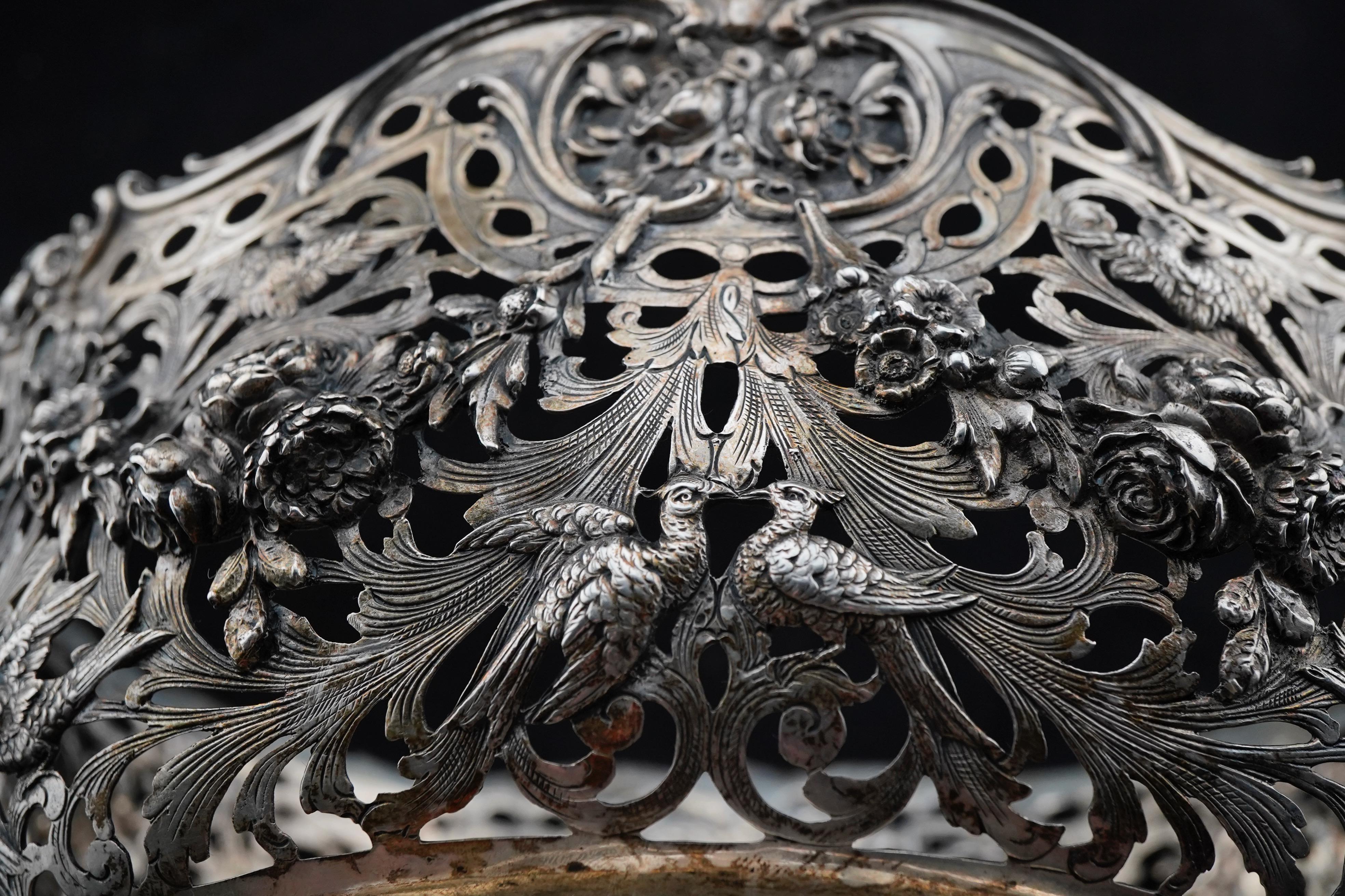 Cast German Silver Repousse and Open Work Centerpiece Basket with Glass insert 1890's For Sale