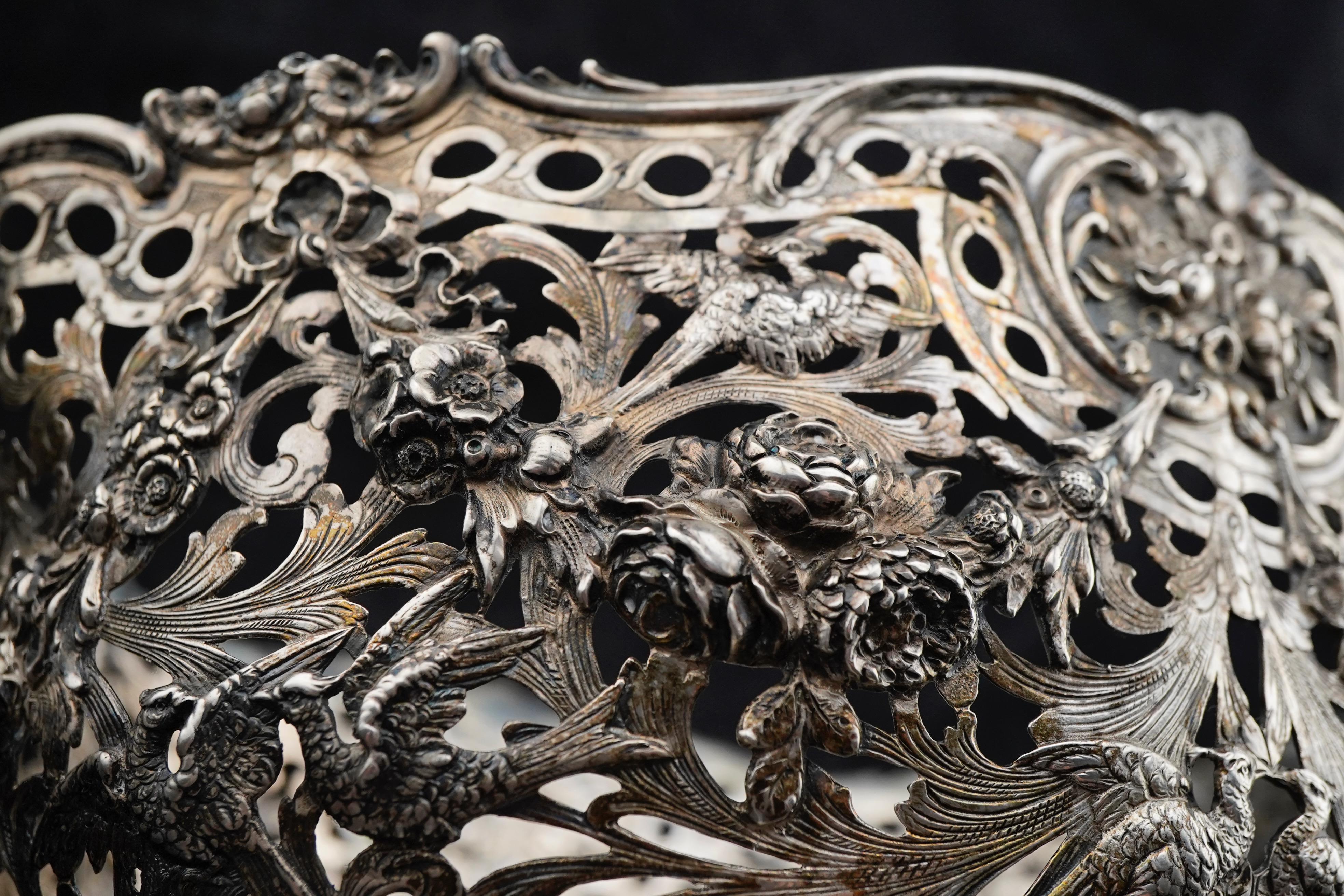 German Silver Repousse and Open Work Centerpiece Basket with Glass insert 1890's In Good Condition For Sale In Sarasota, FL