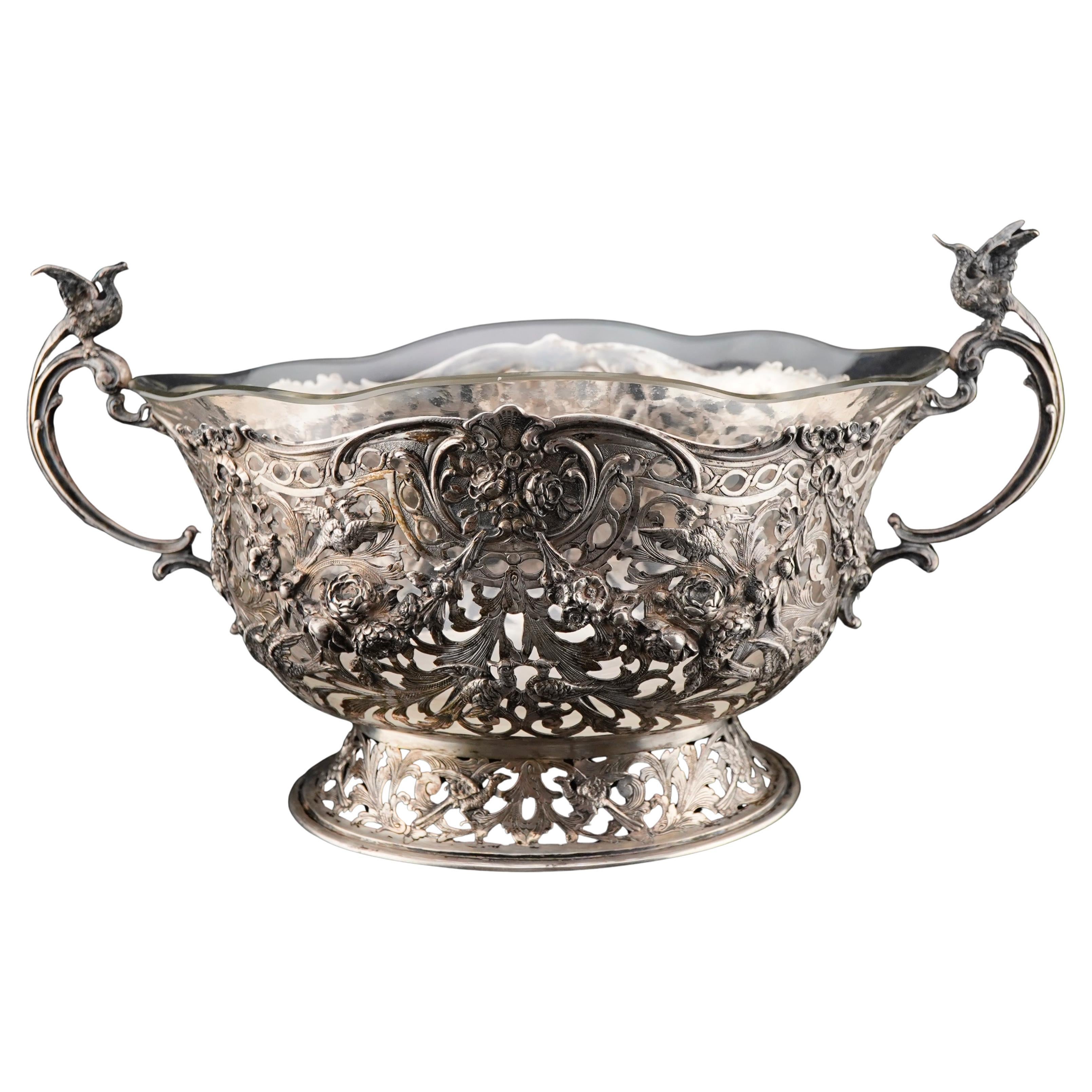 German Silver Repousse and Open Work Centerpiece Basket with Glass insert 1890's For Sale