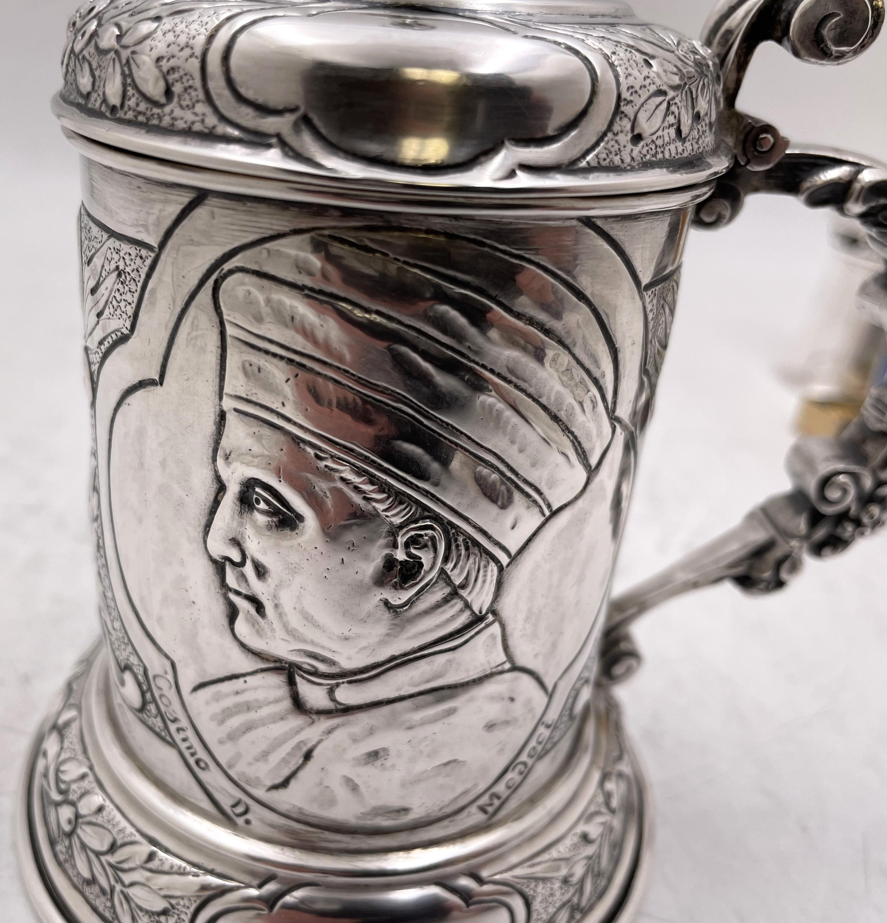 German silver tankard depicting Cosimo de Medici from the 19th century. It measures 7'' in height by 4'' from handle to spout, weighs 10.3 troy ounces, and bears hallmarks as shown. 

Please feel free to ask us any questions, and please see our