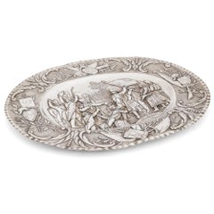 Oval-shaped Silver Tray by Georg Roth & Co. Embossed with a Napoleonic Scene