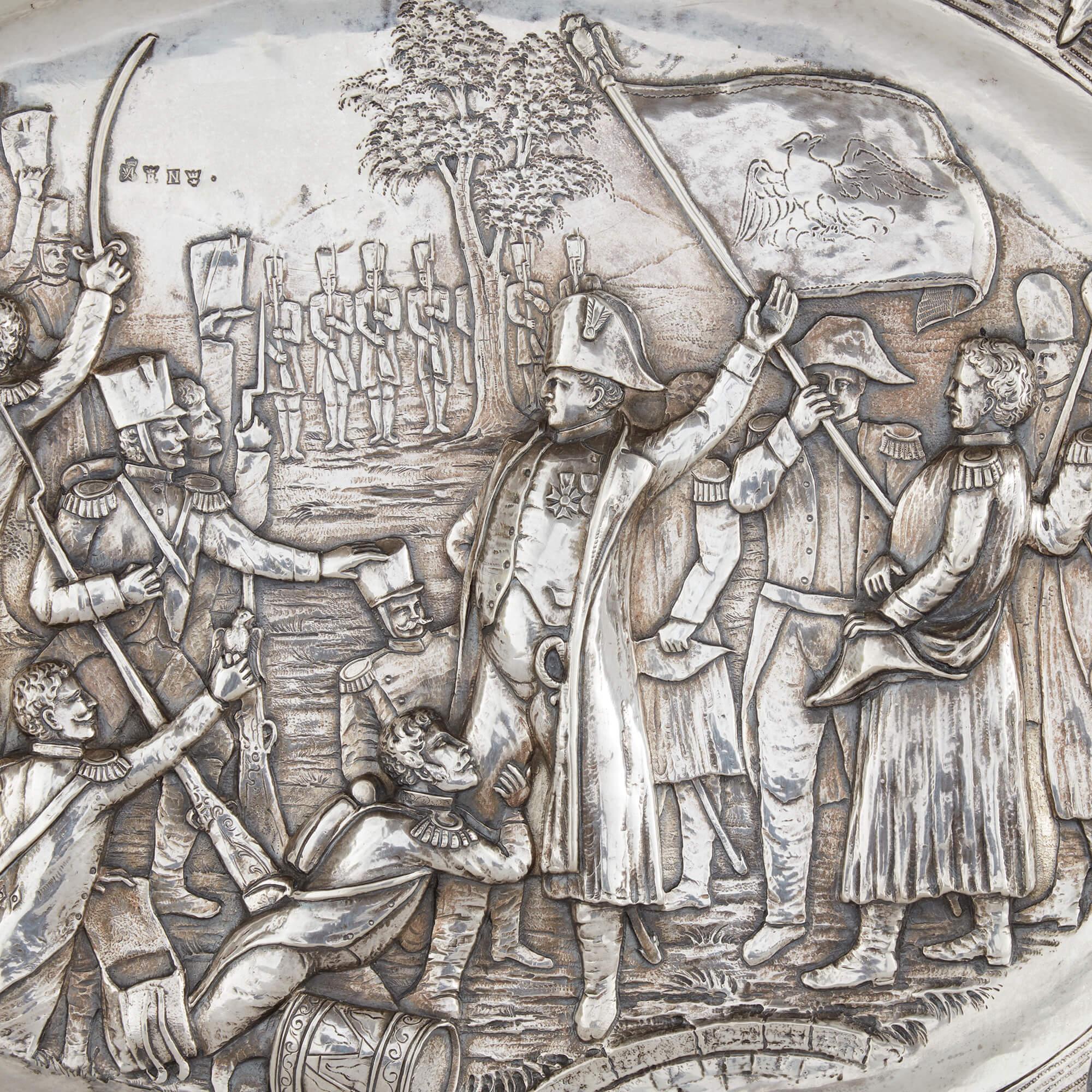 Rococo Oval-shaped Silver Tray by Georg Roth & Co. Embossed with a Napoleonic Scene For Sale