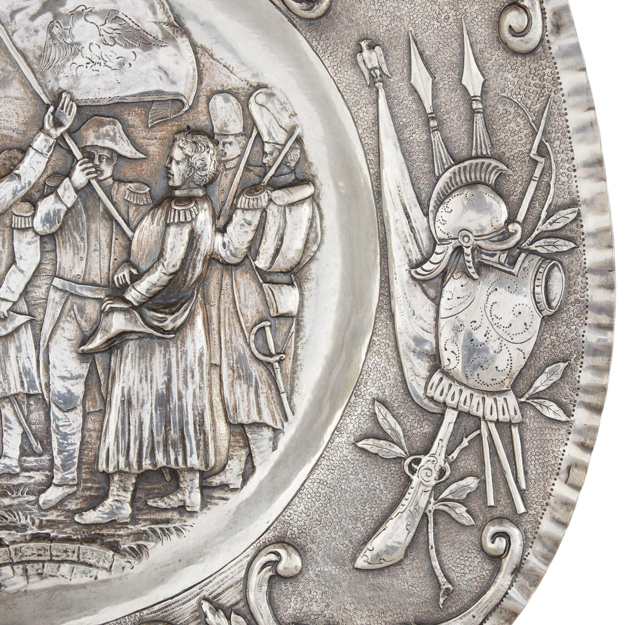 German Oval-shaped Silver Tray by Georg Roth & Co. Embossed with a Napoleonic Scene For Sale