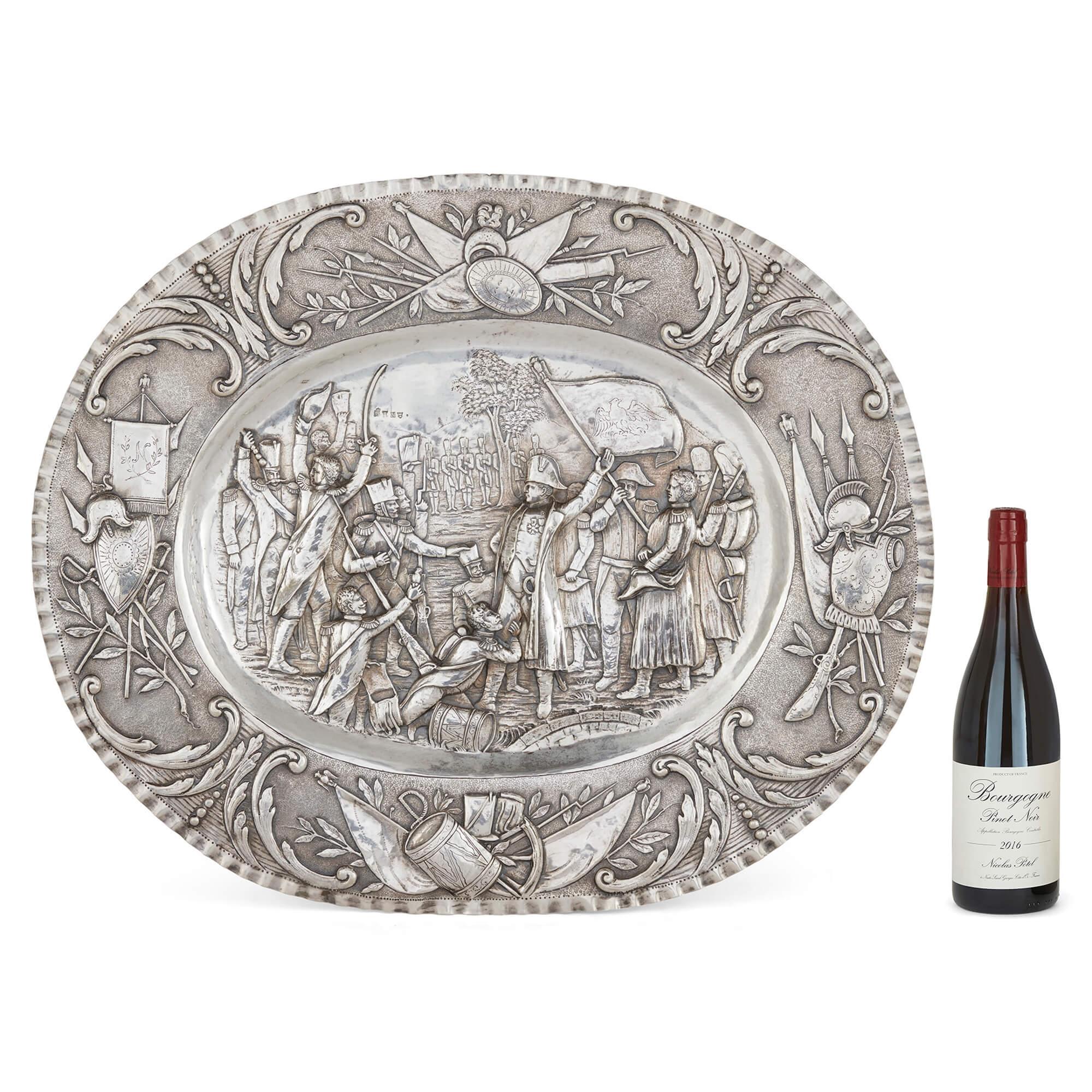 19th Century Oval-shaped Silver Tray by Georg Roth & Co. Embossed with a Napoleonic Scene For Sale