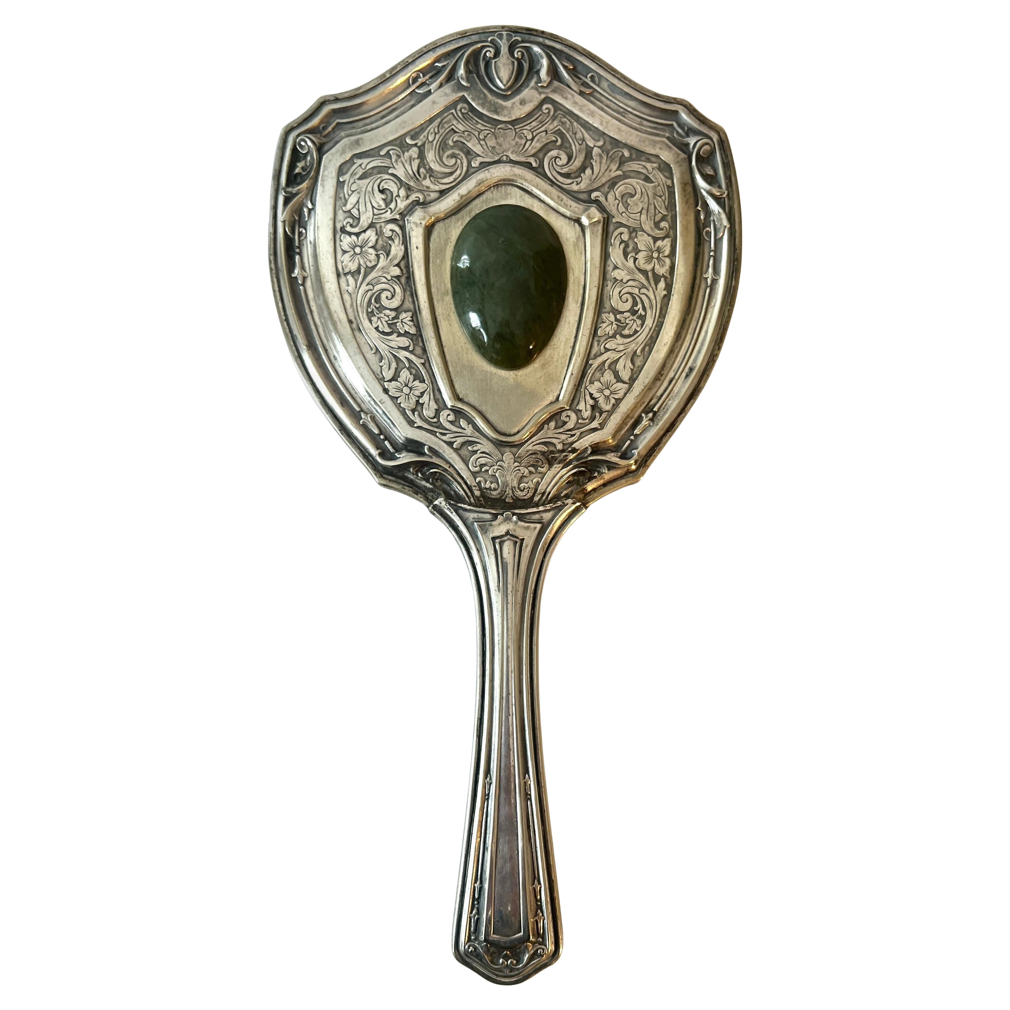 Miroir à main victorien allemand en argent avec détails en jade