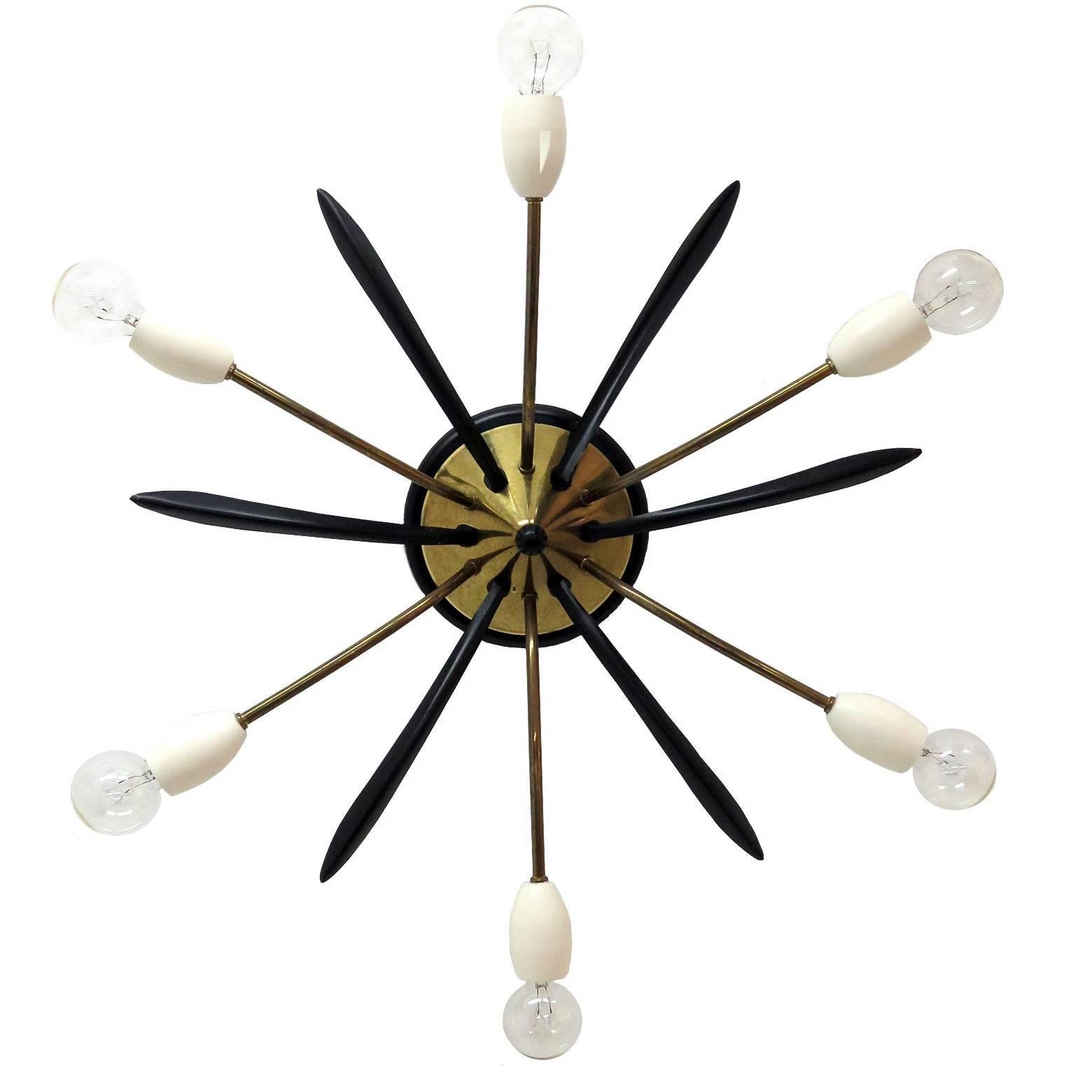 Wonderful large German six-arm Sputnik fixture in brass and enameled metal can be used as wall or ceiling flushmounts.