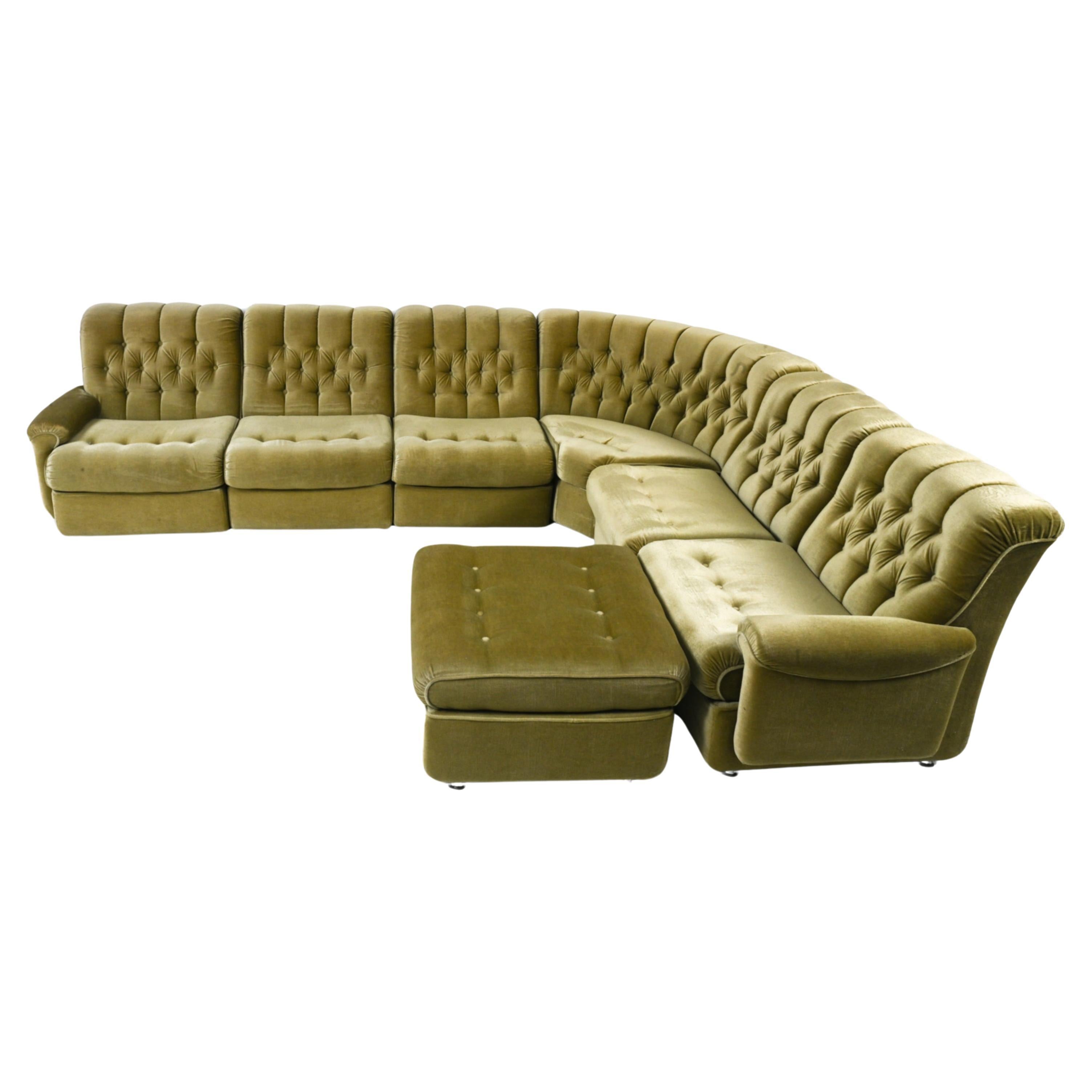 German Space Age Modular Sectional Sofa & Ottoman in Green Mohair, c. 1970's