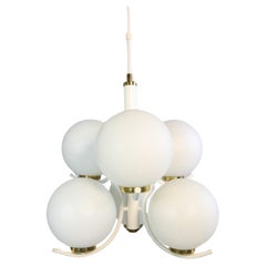 German Sputnik Chandelier, 6 x White Glass Balls, Original 1970s