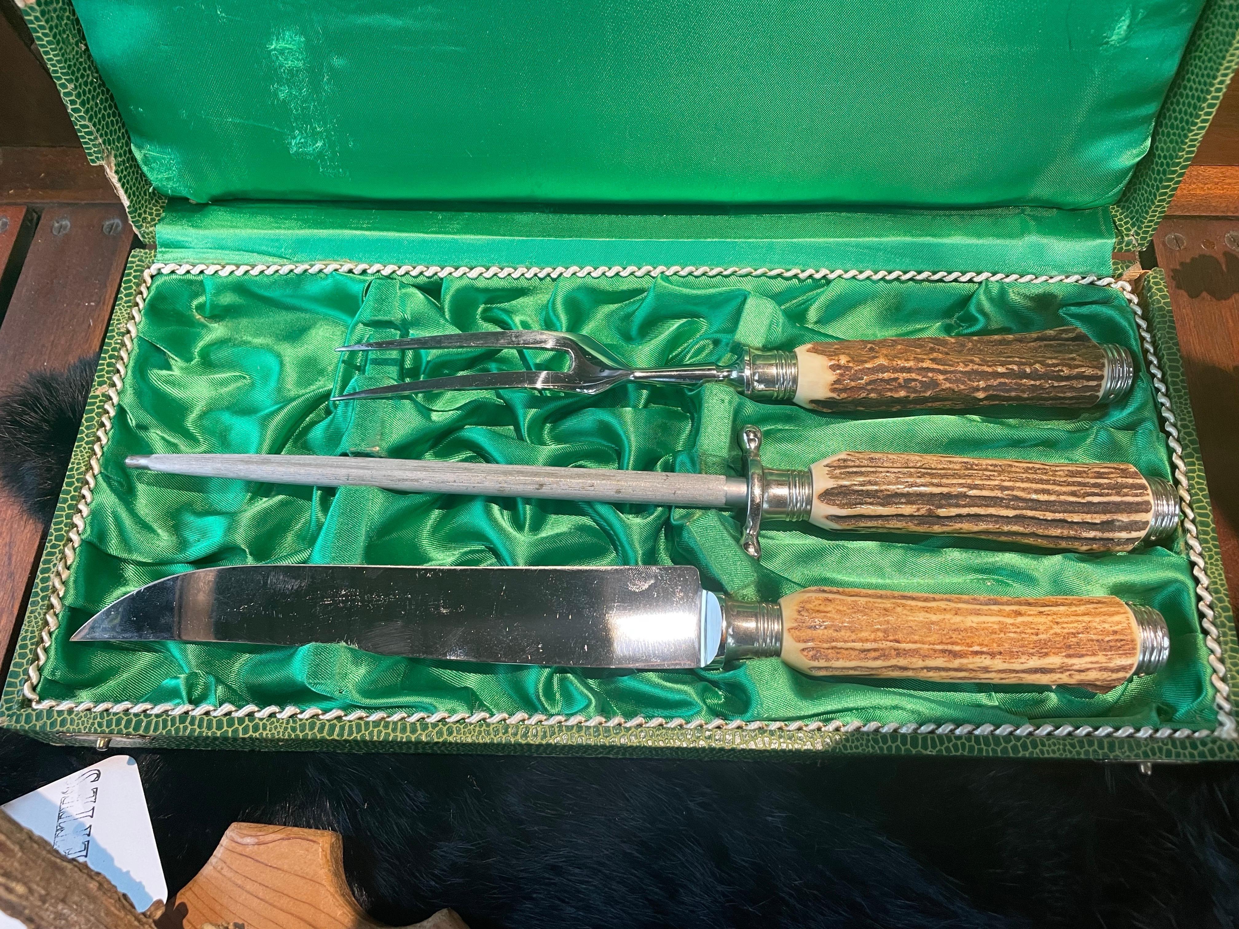 German Stag Handle Carving Set in Original Presentation Case, Mid-20th Century