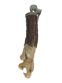 German Stag Horn Carved with a Roaring Tiger Emerging from the Handle