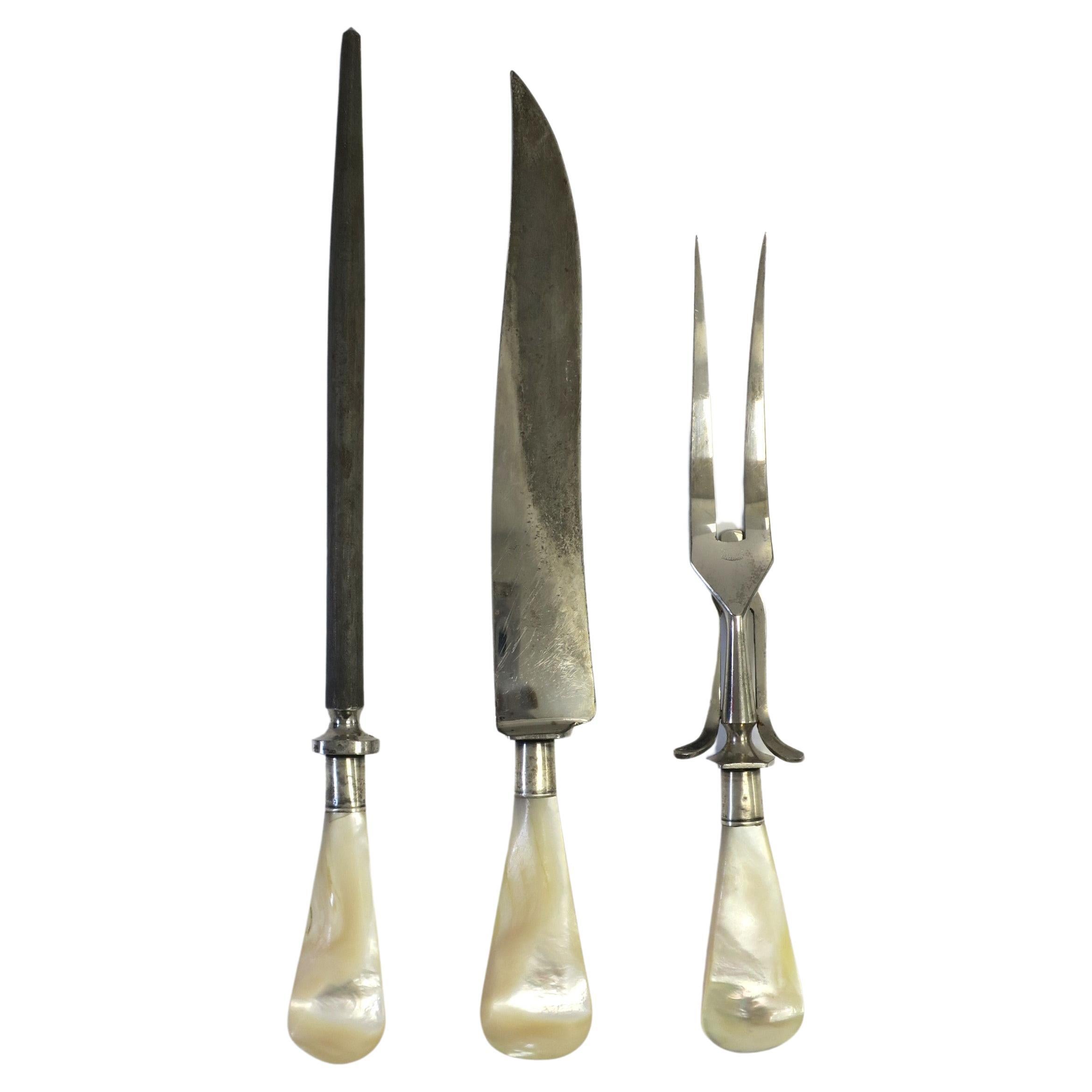 German Stainless Steel Knife Fork Carving Set Mother of Pearl Handles, Set of 3 For Sale