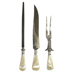 Vintage German Stainless Steel Knife Fork Carving Set Mother of Pearl Handles, Set of 3